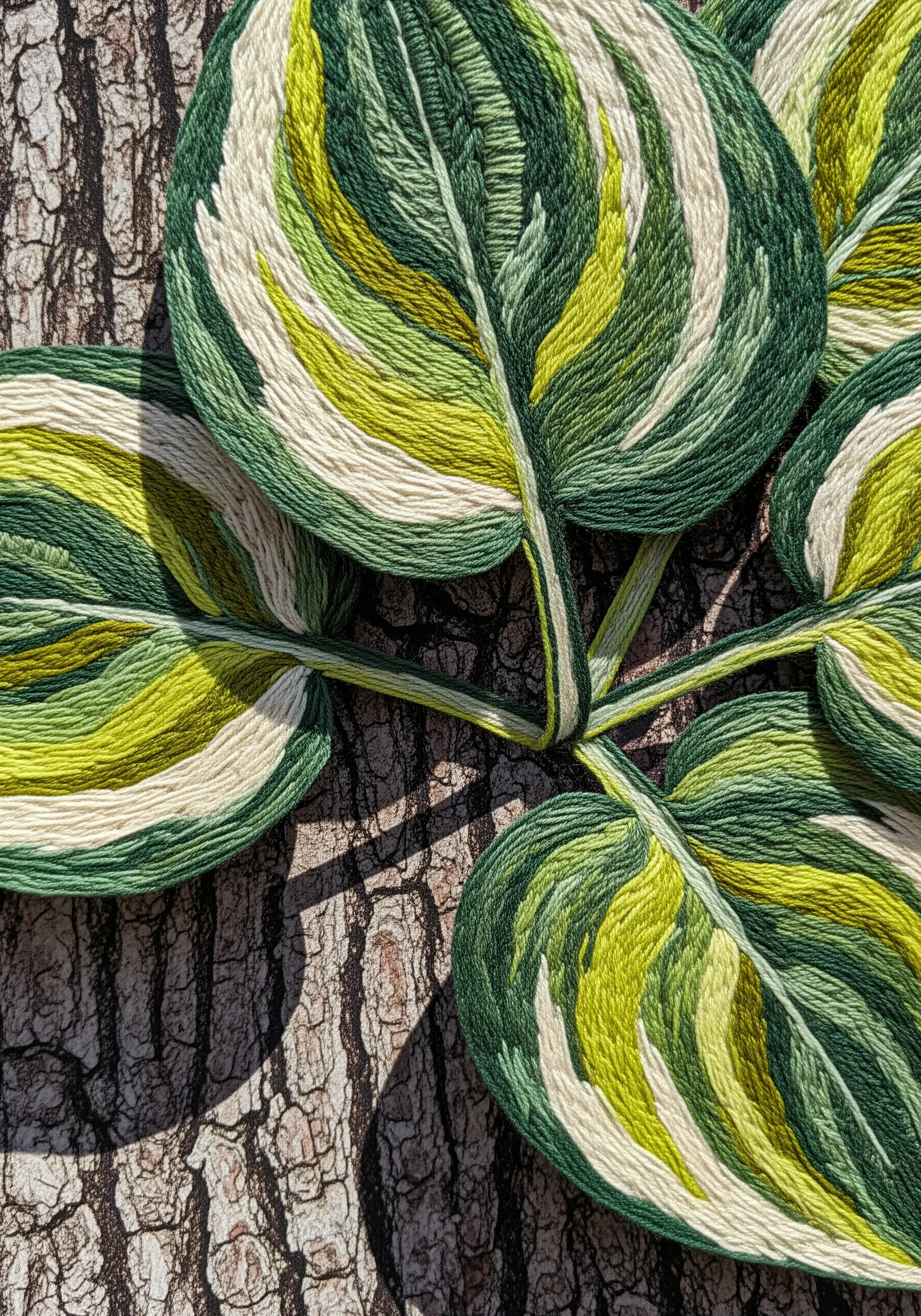 Variegated embroidered leaves stitched onto a piece of real tree bark.