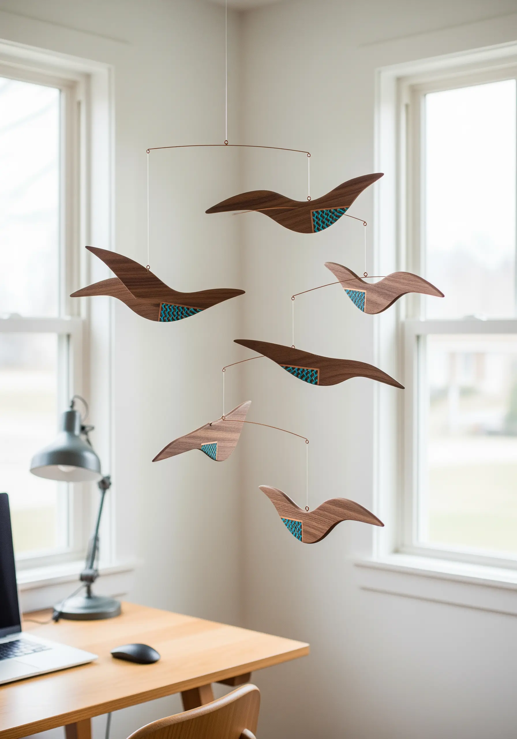 A hanging mobile made of smooth, dark wood birds with small, textured turquoise embroidered inlays.