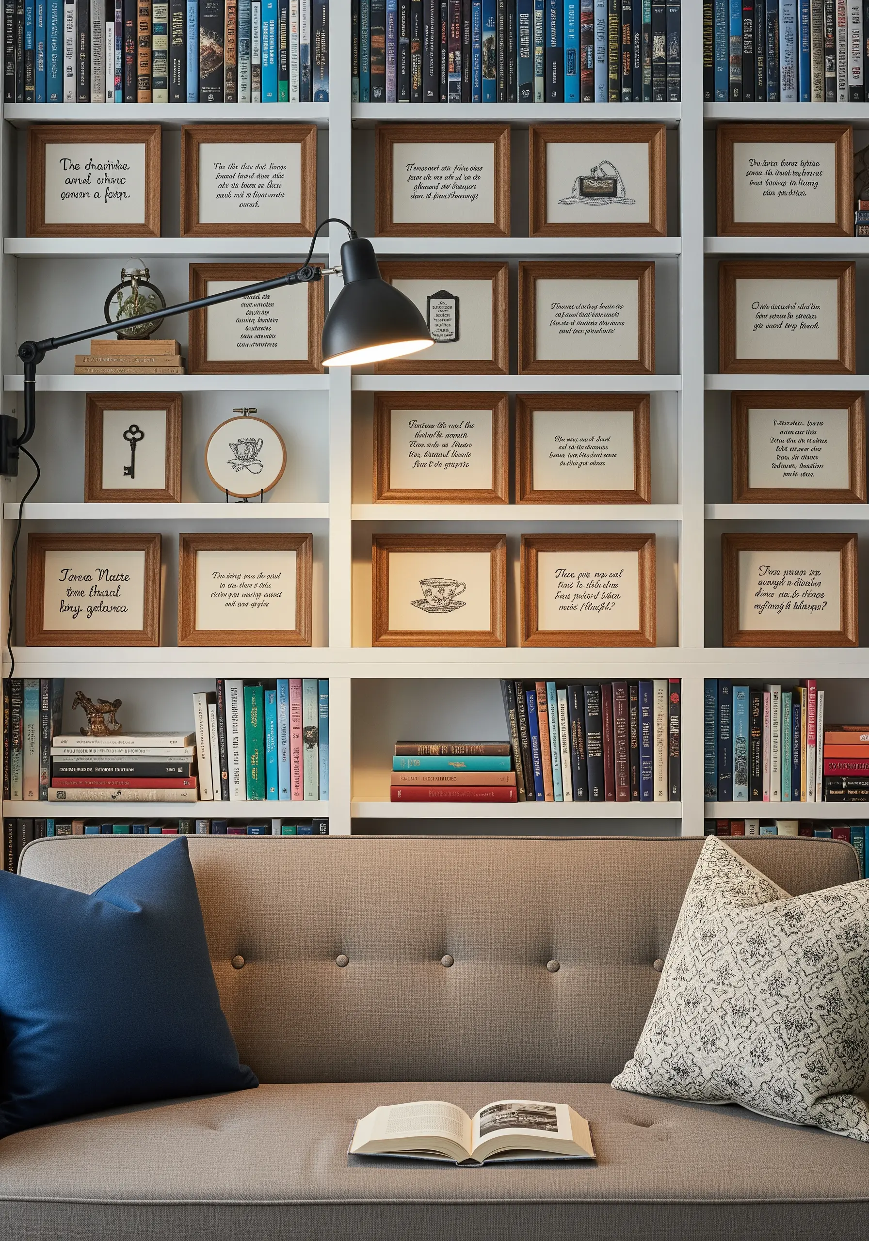 A bookshelf filled with framed embroidered quotes and small illustrative motifs.