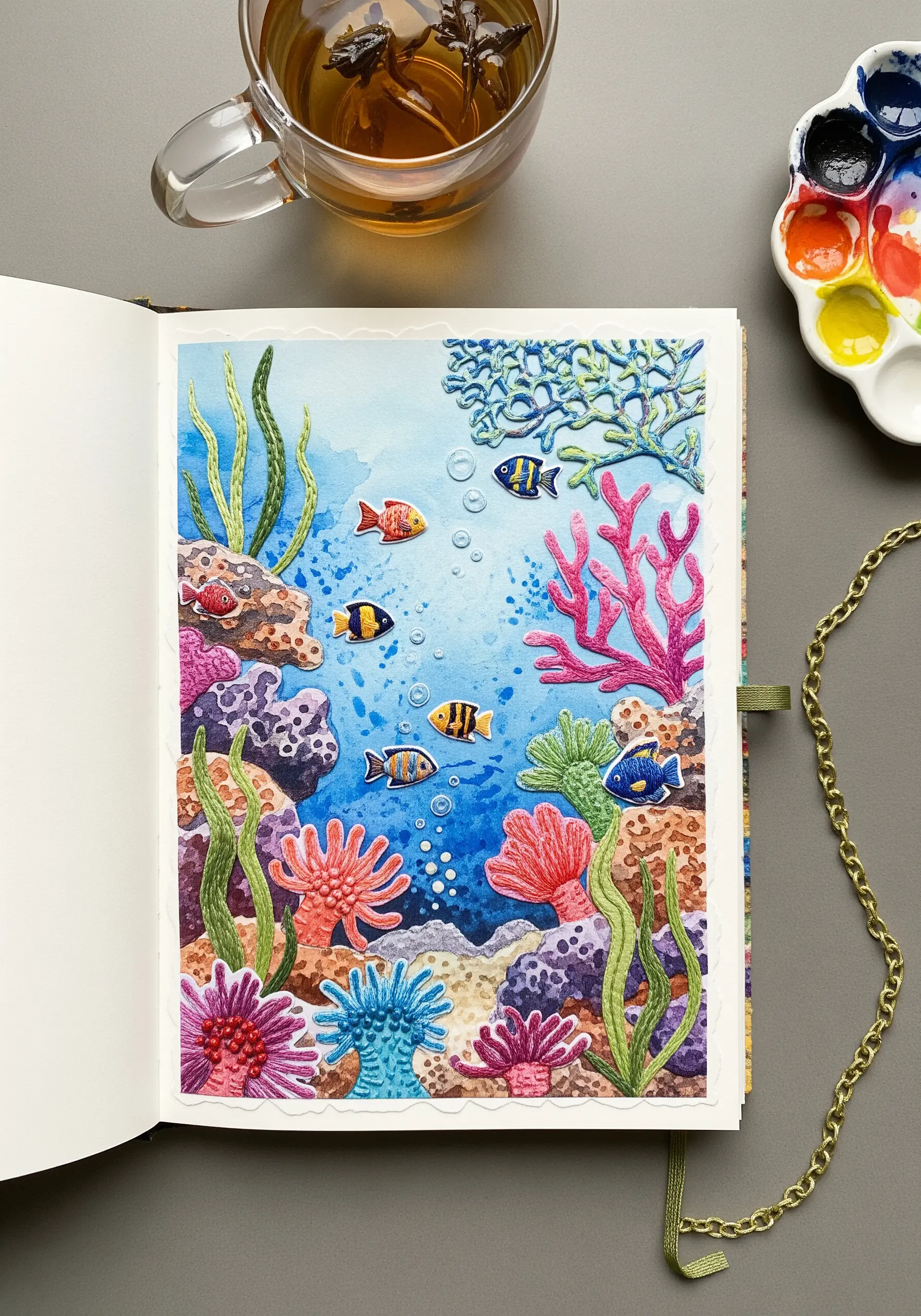 An underwater scene made of layered paper collage with embroidered details on coral and seaweed.