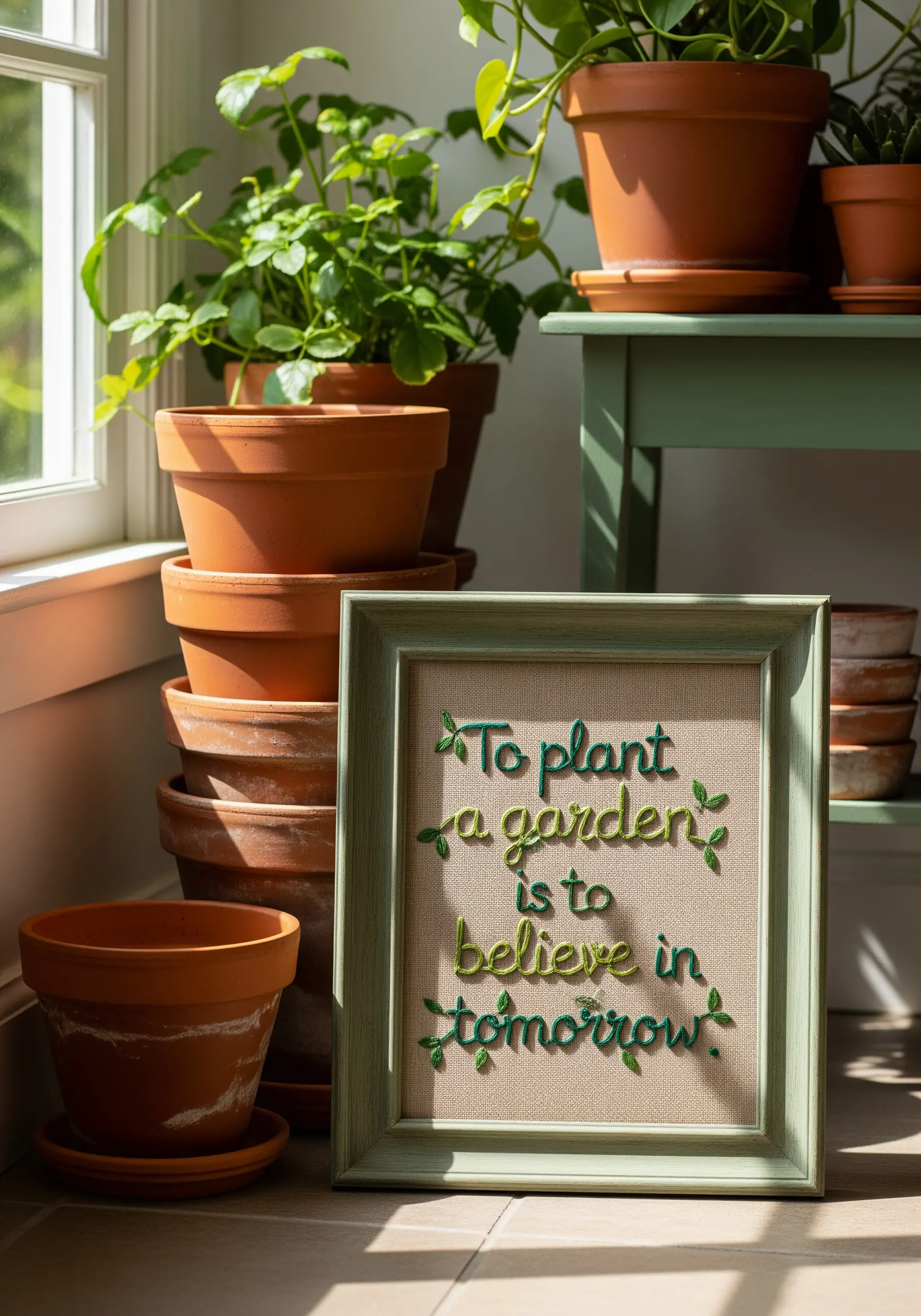 A quote about gardening with green embroidered vines weaving through the letters.