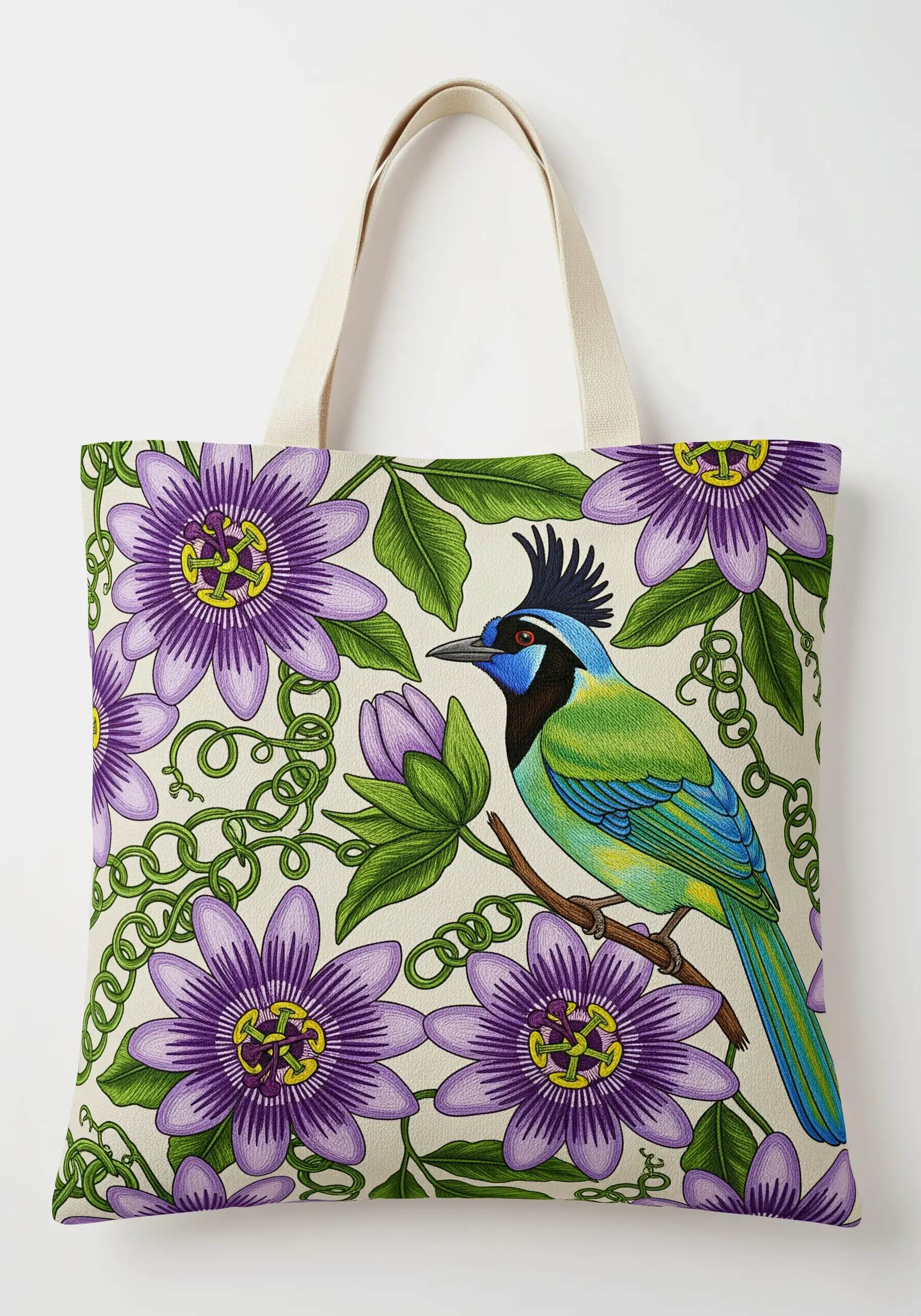 An all-over embroidery pattern of a green jay bird amidst purple passion flowers and vines.