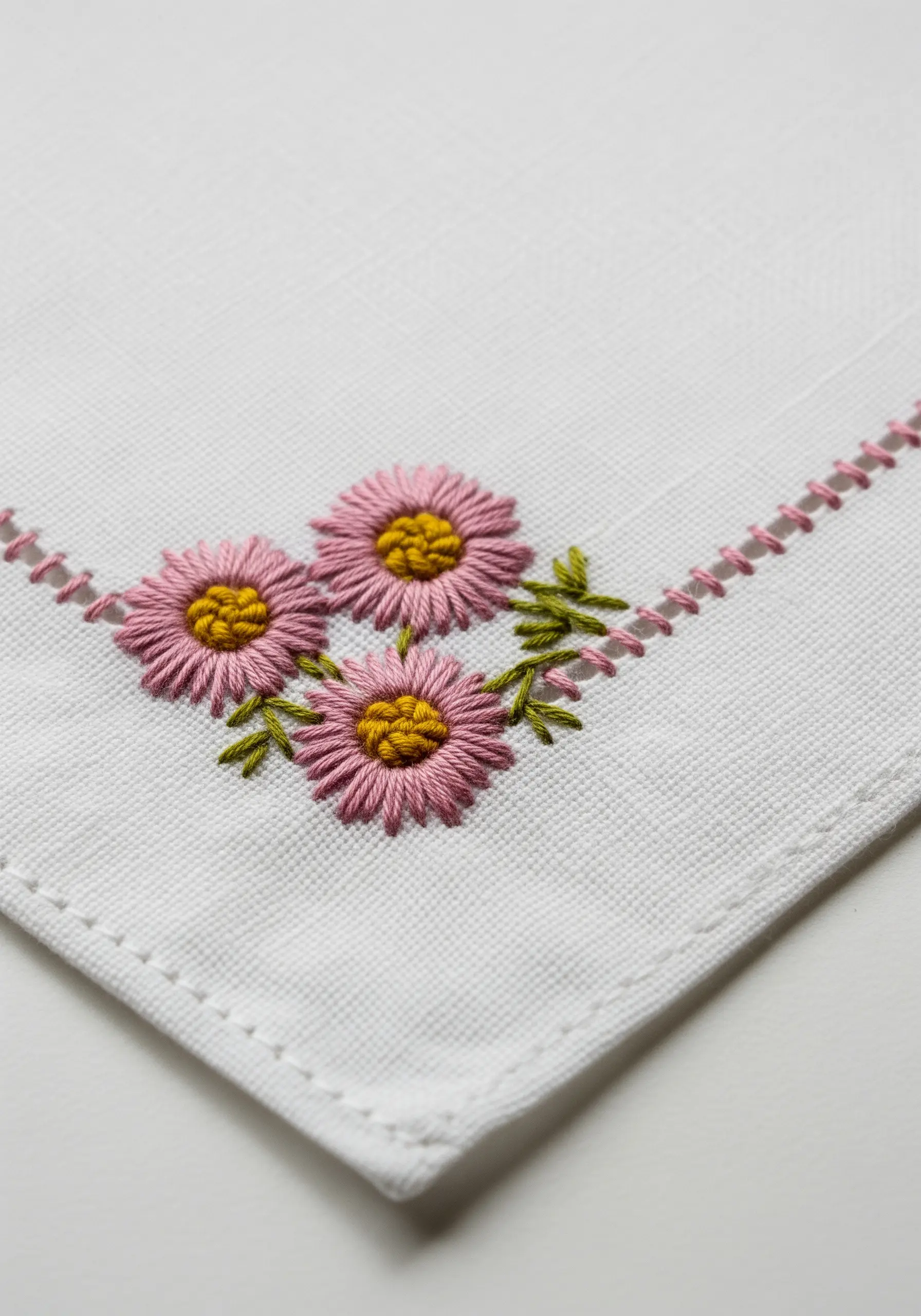 A delicate floral motif embroidered in the corner of a white handkerchief with a matching border stitch.