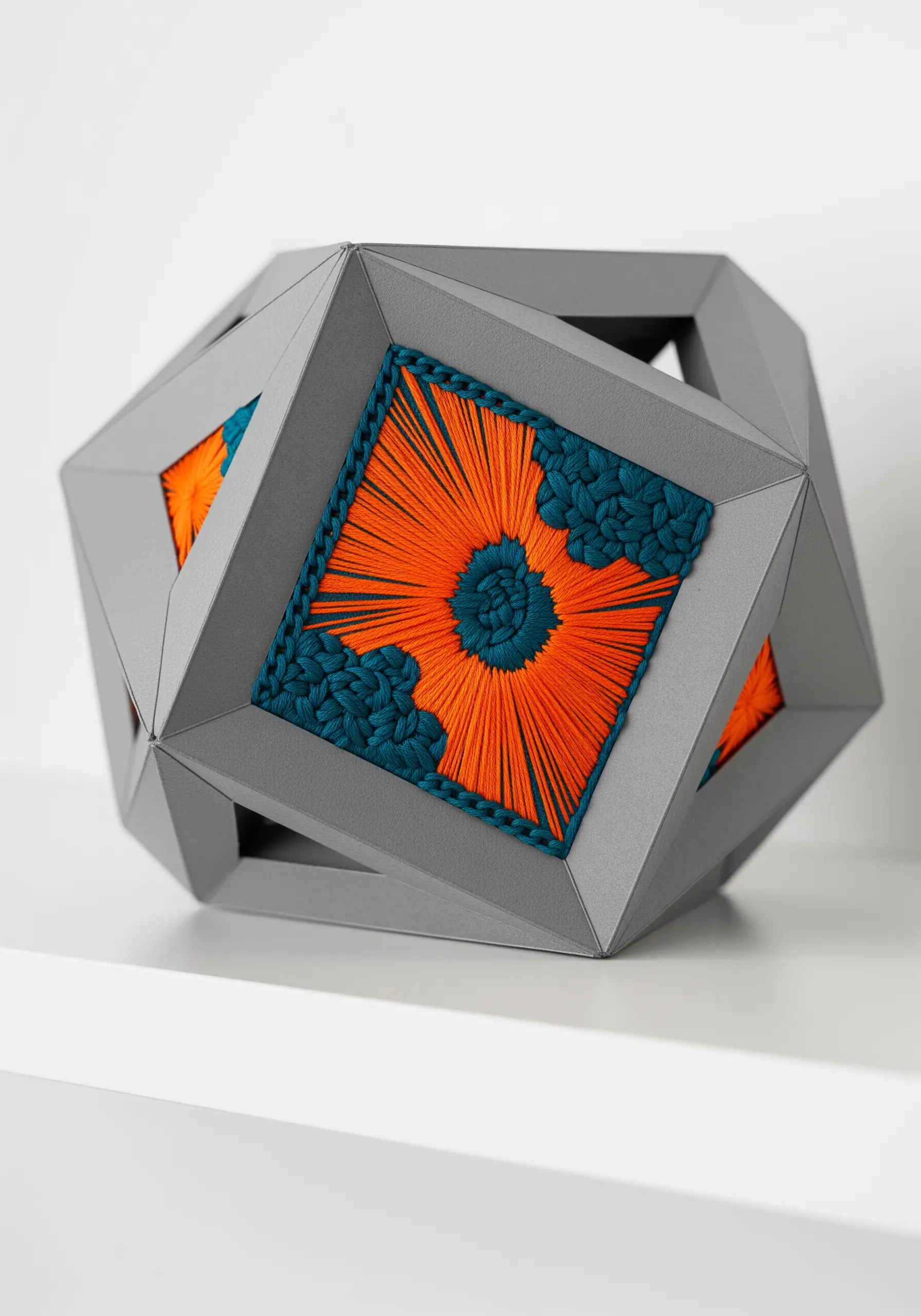 Geometric paper sculpture with high-contrast orange and teal embroidered panels.
