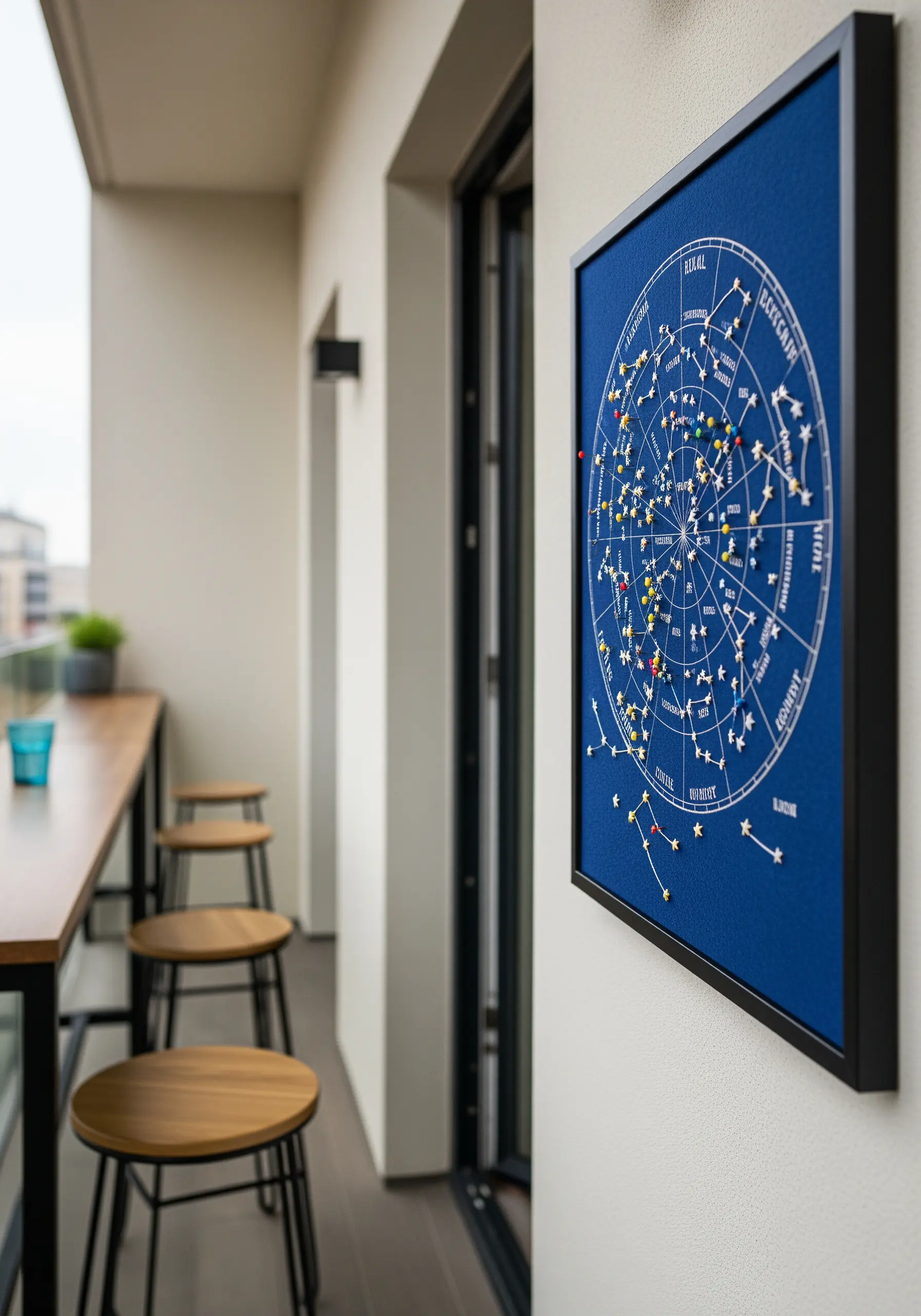 A framed and embroidered star chart with colorful pins marking constellations.