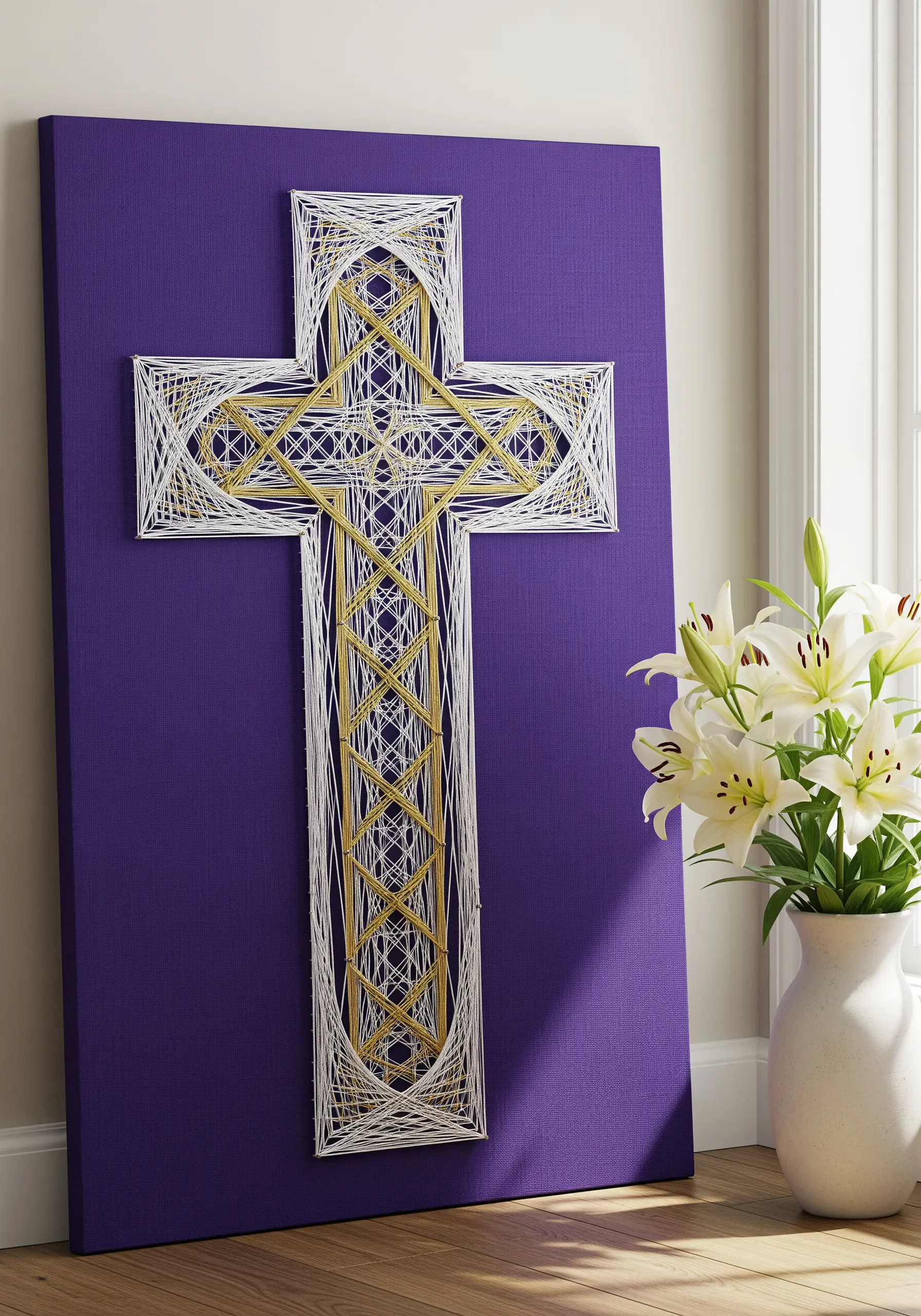 White and gold interlaced string art Celtic cross on a purple canvas.