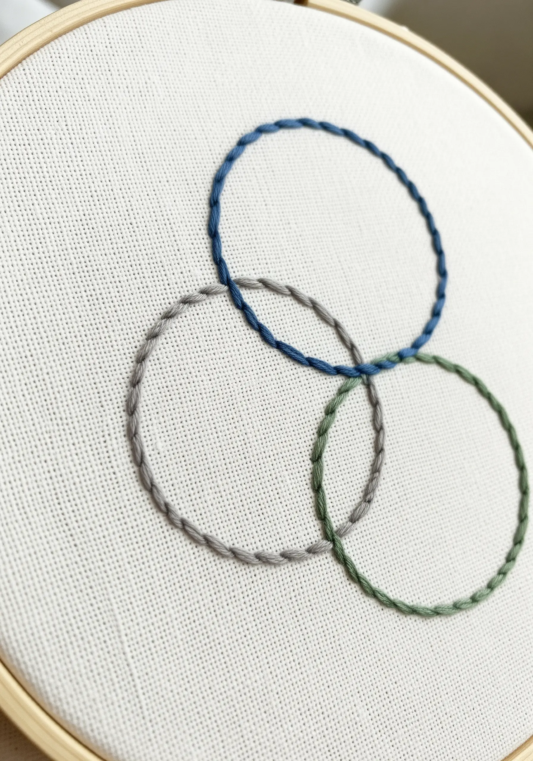 Three interlocking rings in blue, gray, and green using a whipped stitch.
