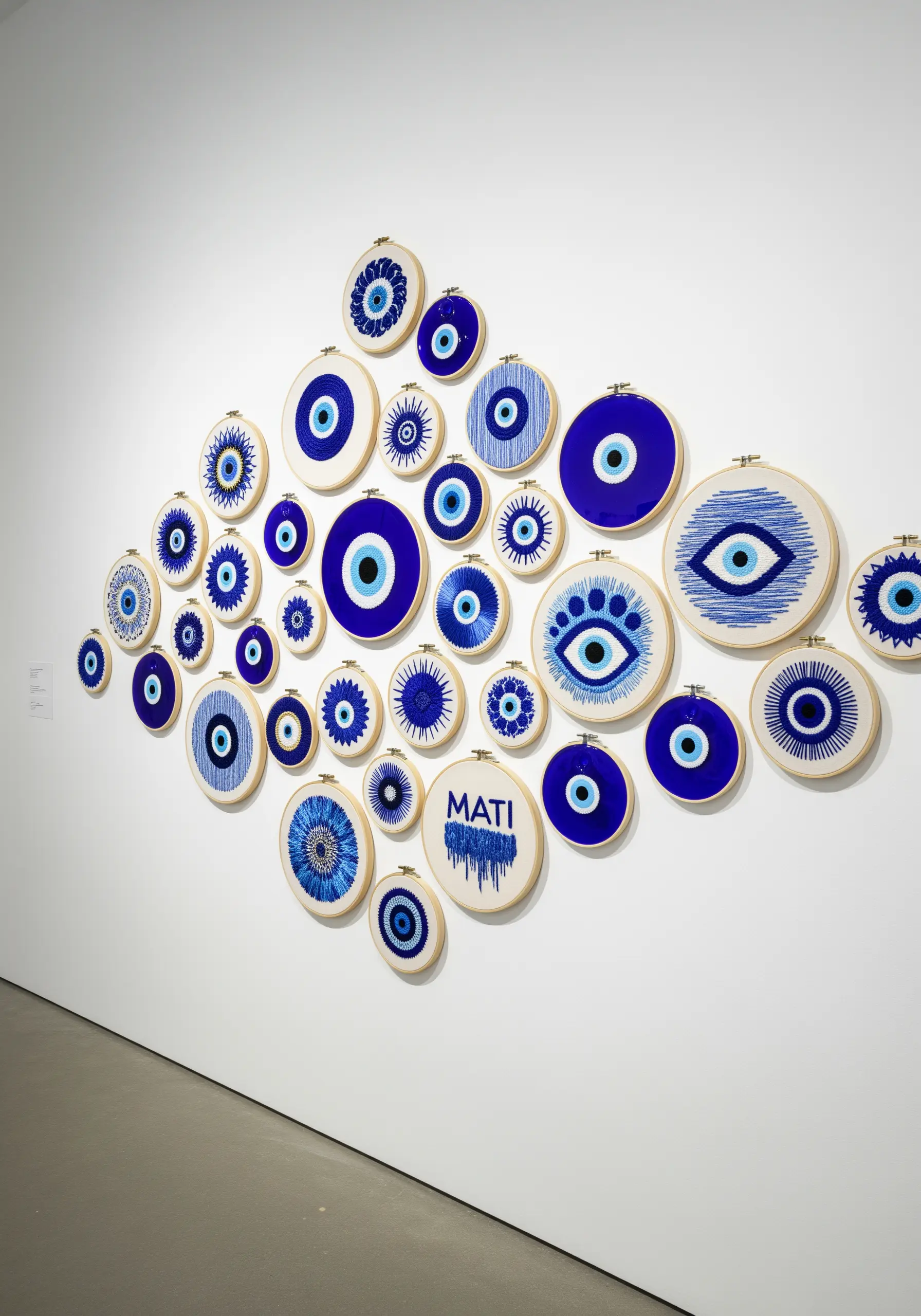 A gallery wall of various embroidered evil eye (mati) designs in blue and white hoops.