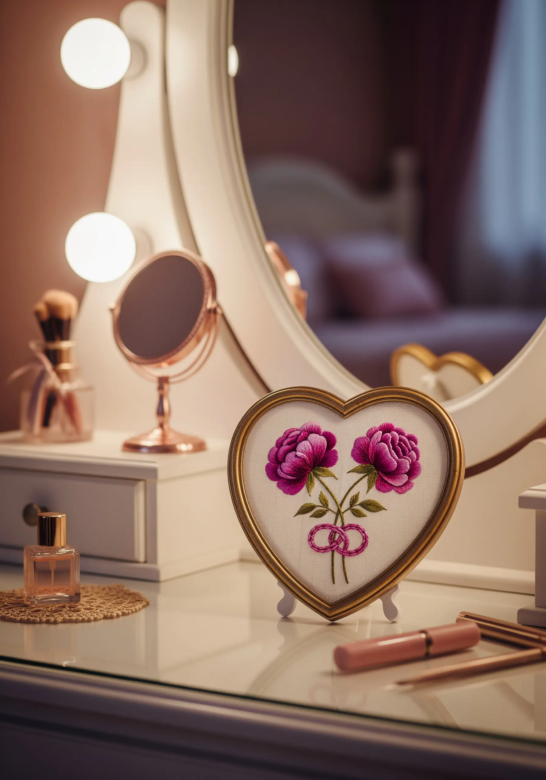Embroidery of two pink peonies with intertwined stems, displayed in a gold heart-shaped frame.