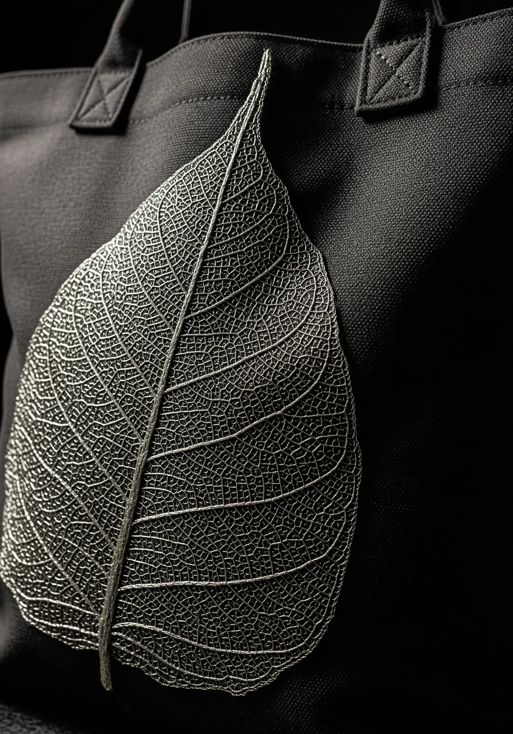 A hyper-detailed silver skeleton leaf embroidered on a close-up of a black tote bag.