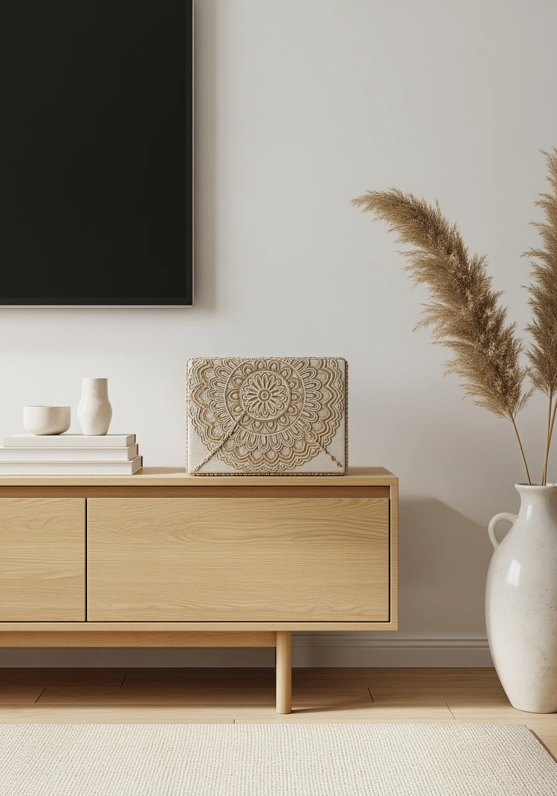 A decorative box with a mandala design created from gold and cream-colored beads and thread.