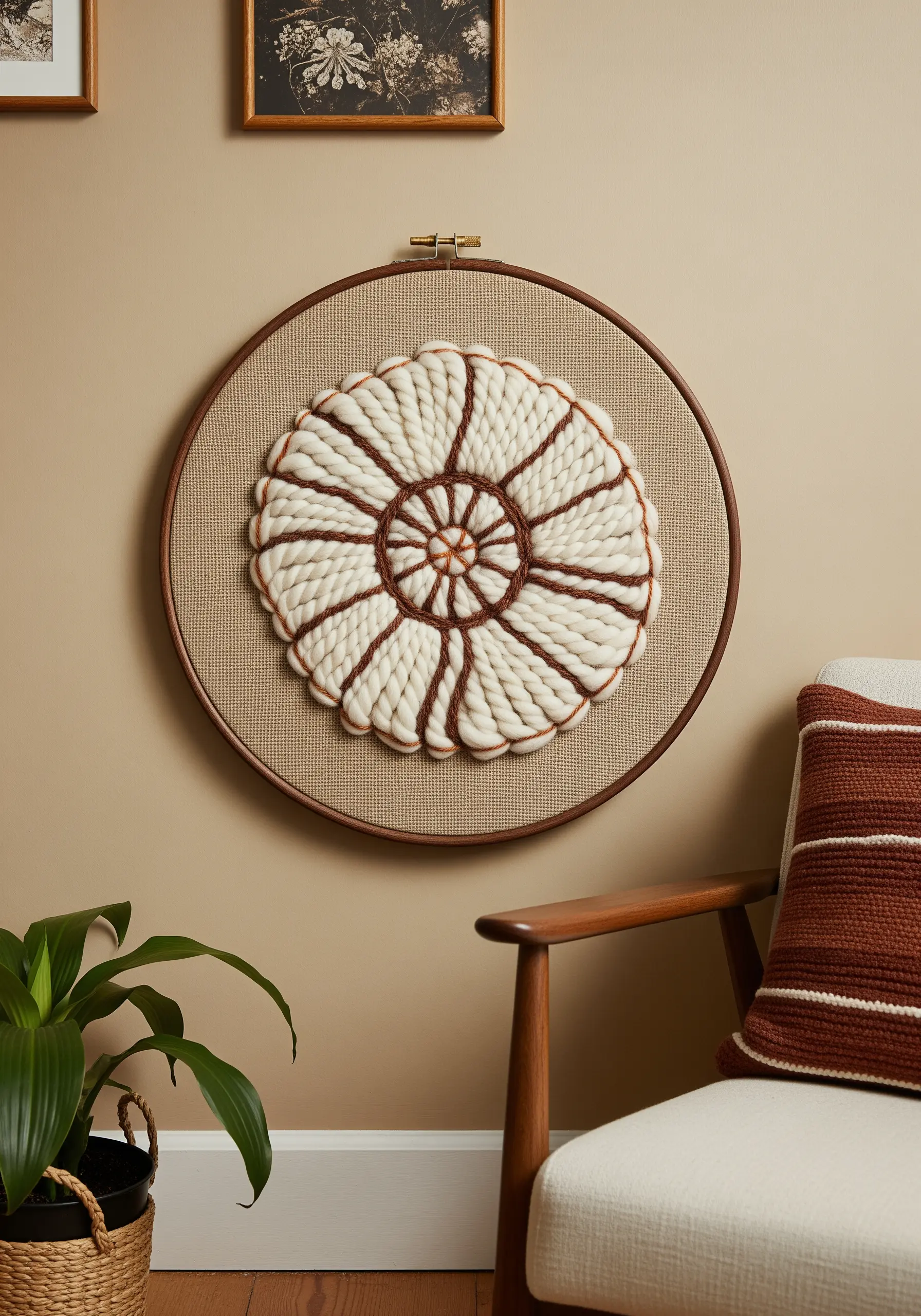 Embroidery hoop art using chunky white and brown yarn to create a bold, floral-like pattern.