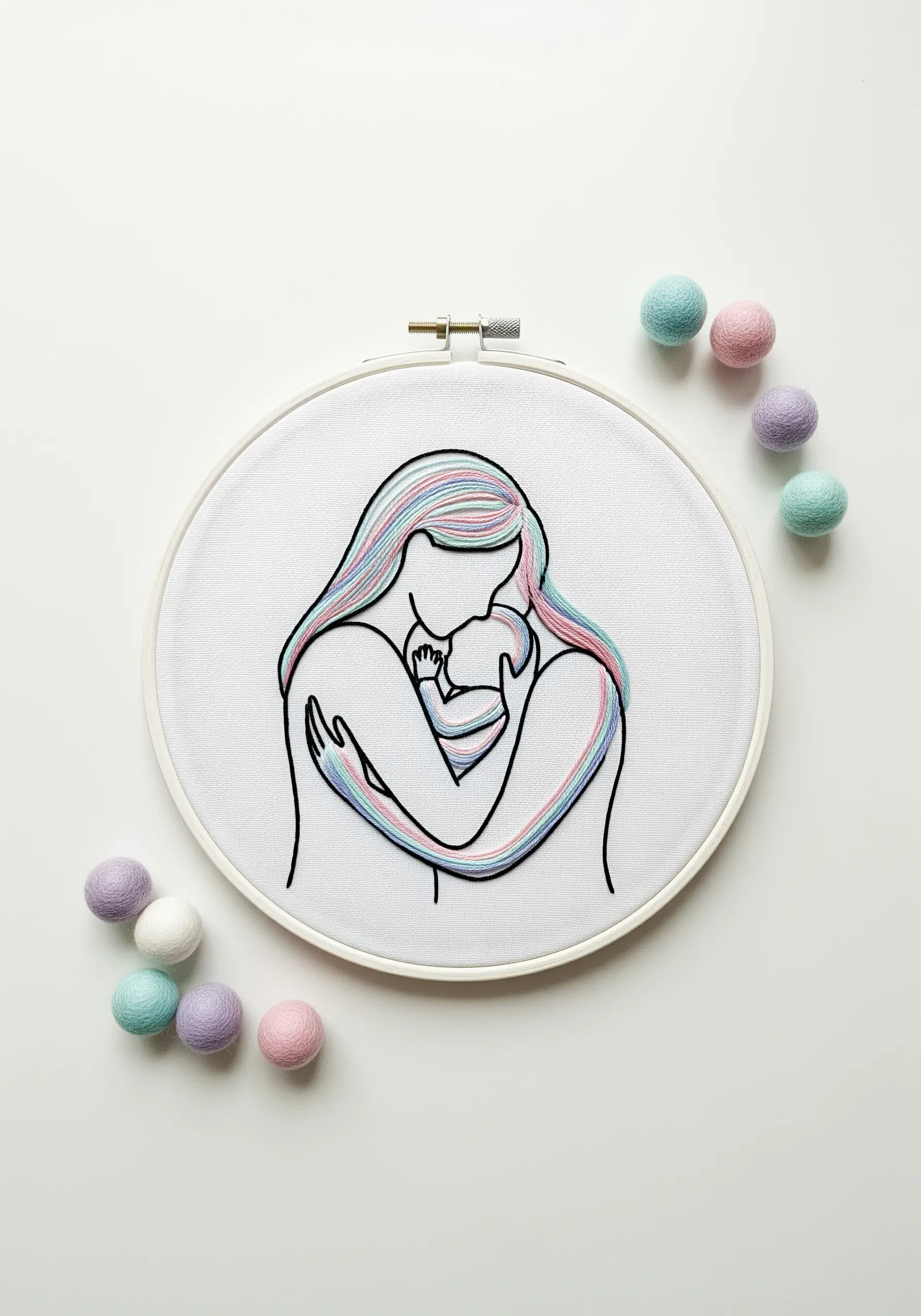 Line art of a mother holding a baby, filled with pastel rainbow-colored thread.