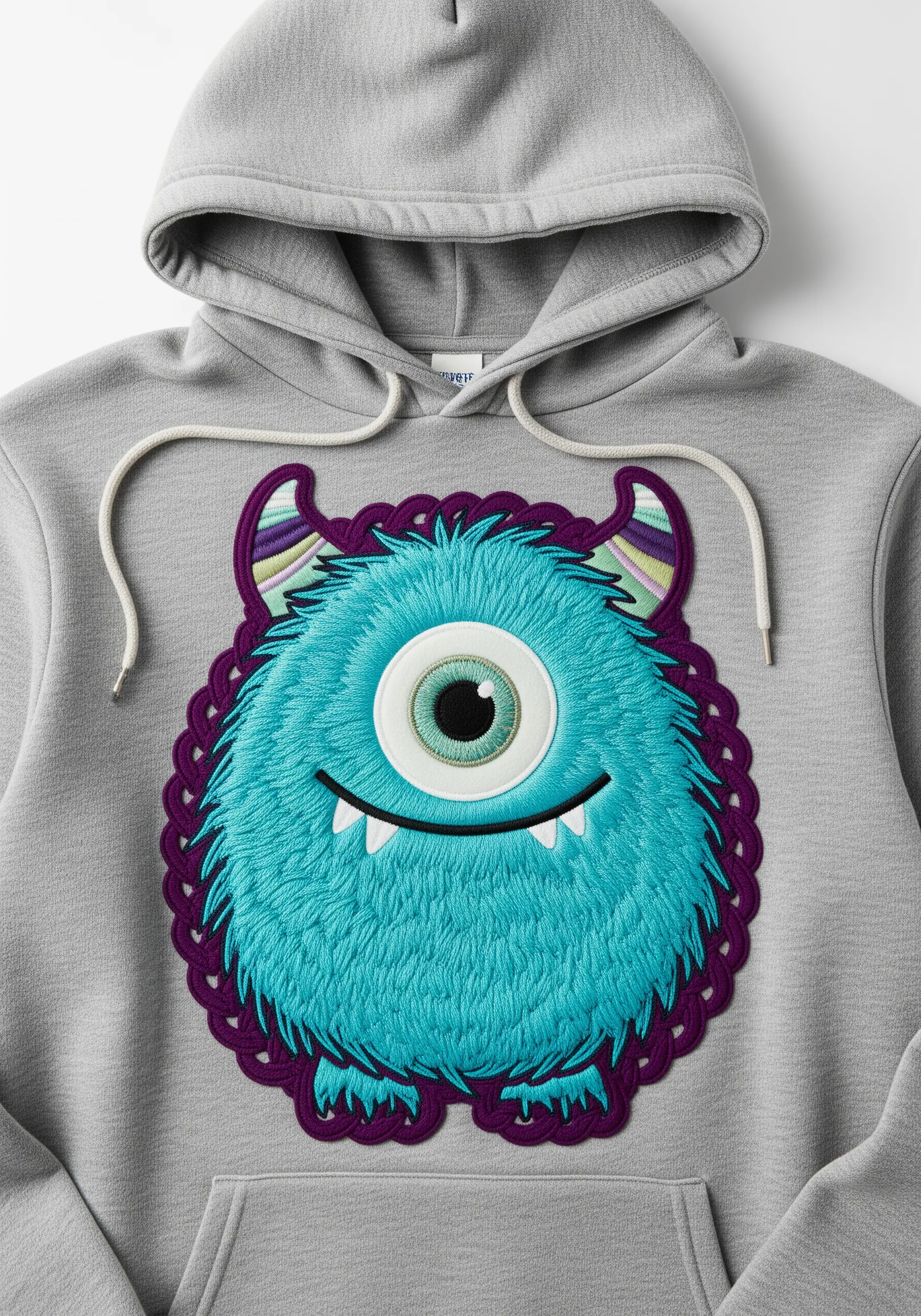 A fluffy, turquoise embroidered monster with a large eye on the front of a grey hoodie
