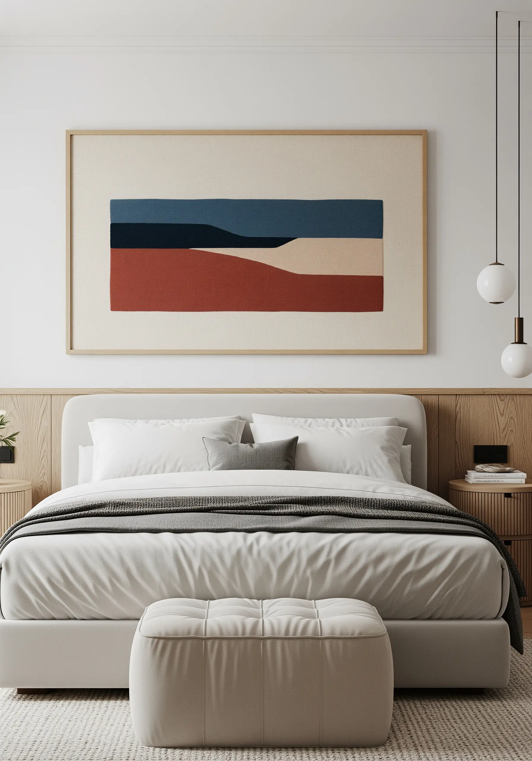 Framed minimalist landscape embroidery with blocks of rust, beige, and navy.