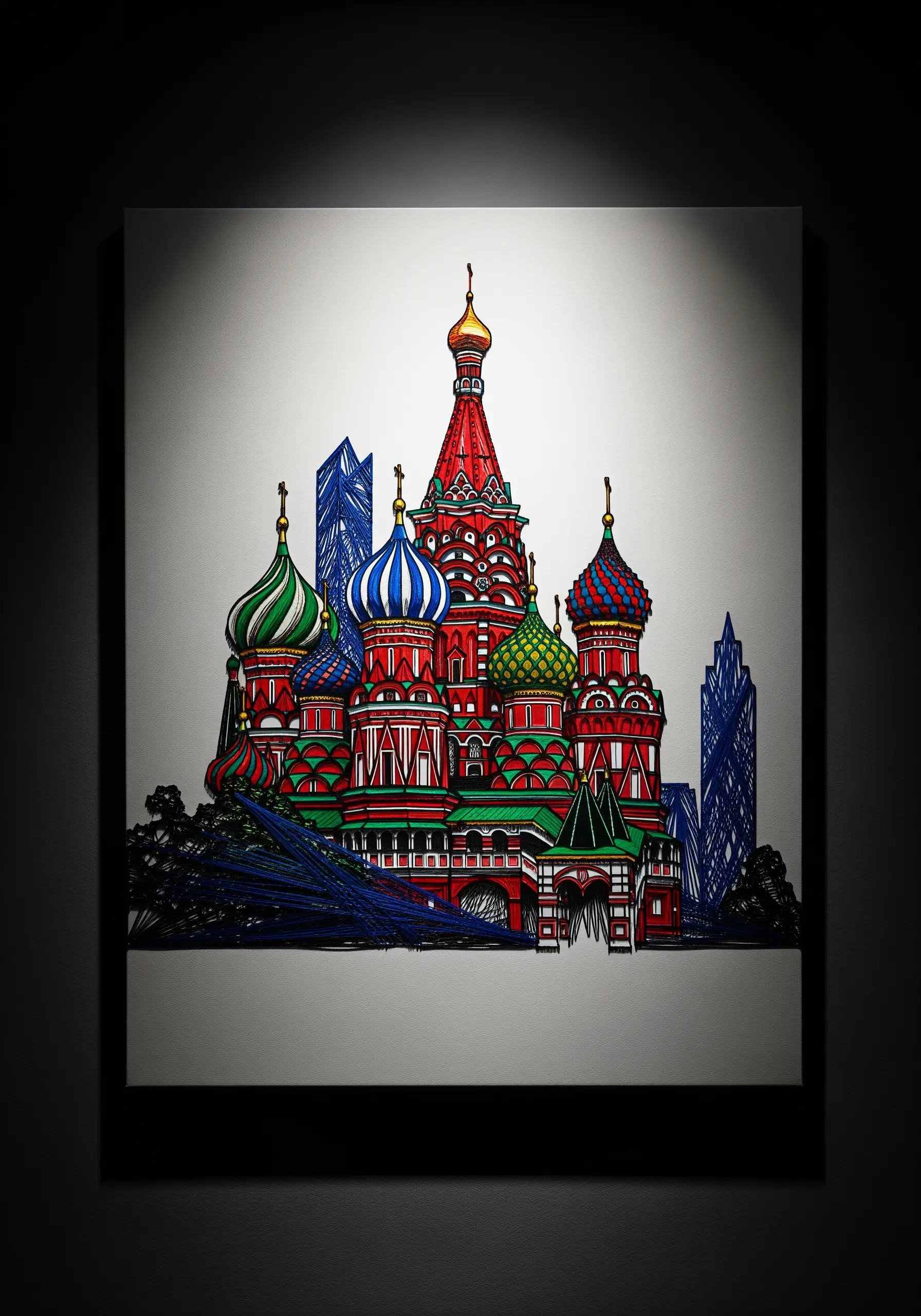 A detailed, colorful embroidery of St. Basil's Cathedral set against a simple line-art sketch of a modern city.