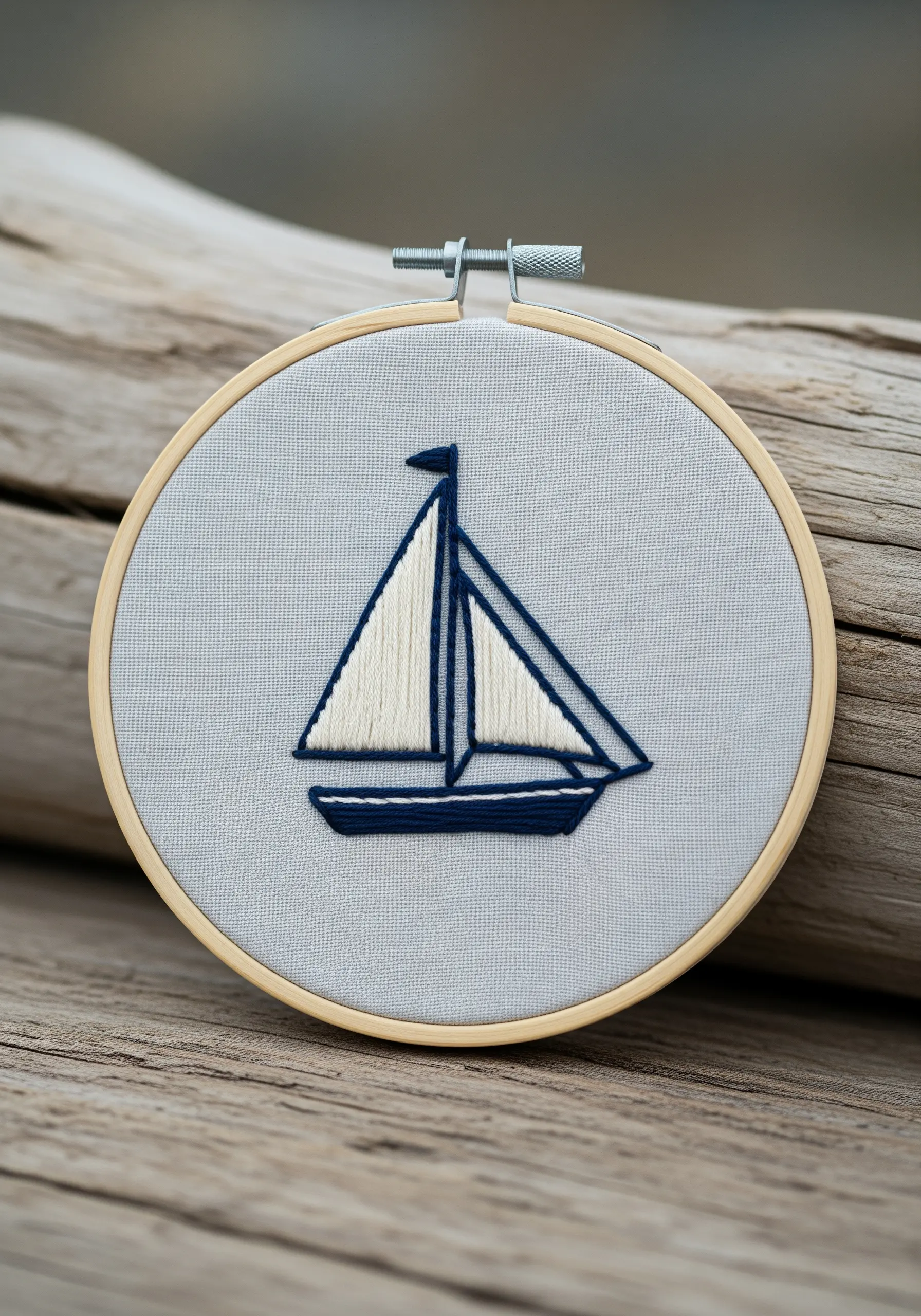 A minimalist sailboat embroidery with a dark blue outline and white satin-stitched sails.