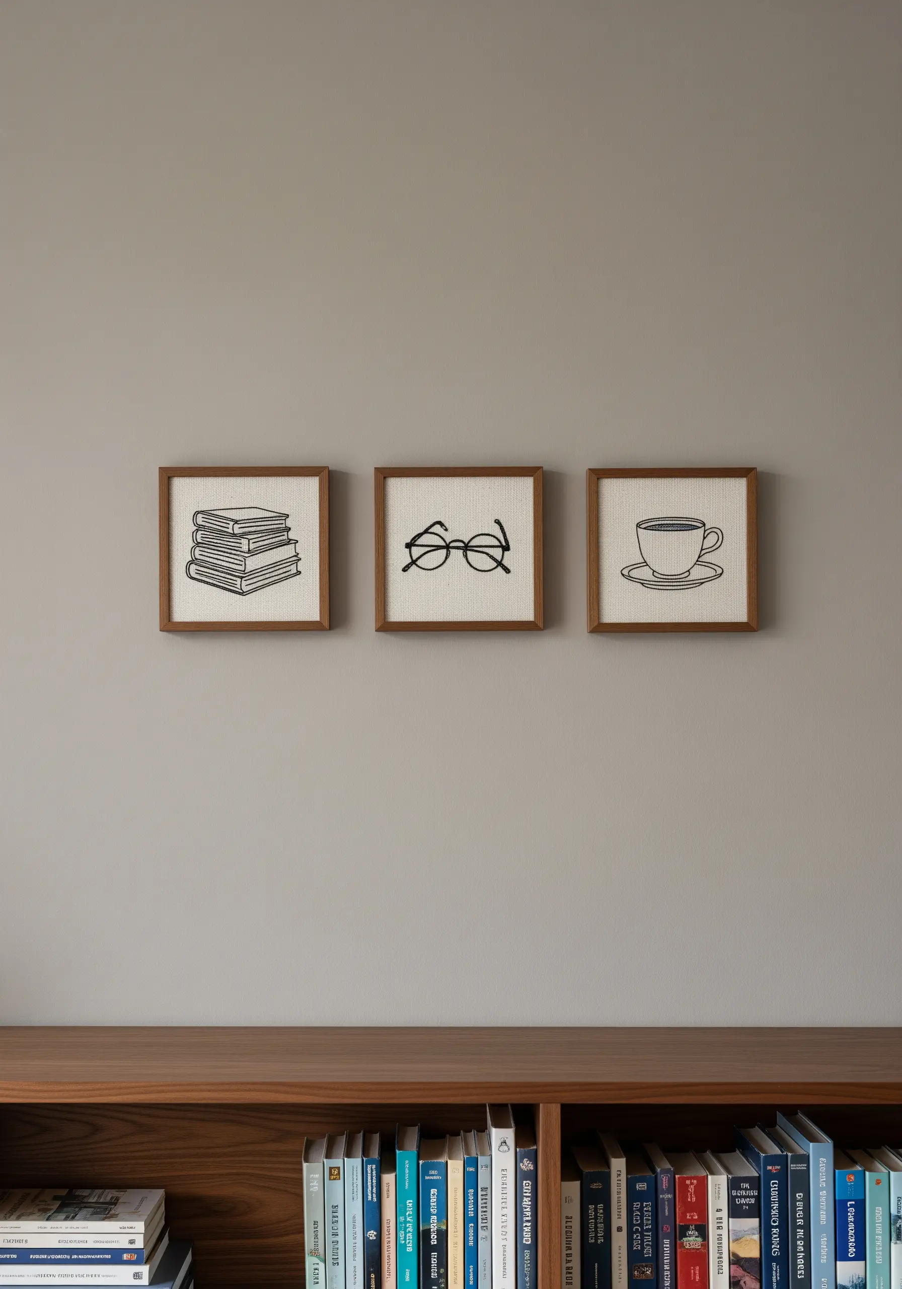 A set of three small framed embroideries: a stack of books, eyeglasses, and a coffee cup.