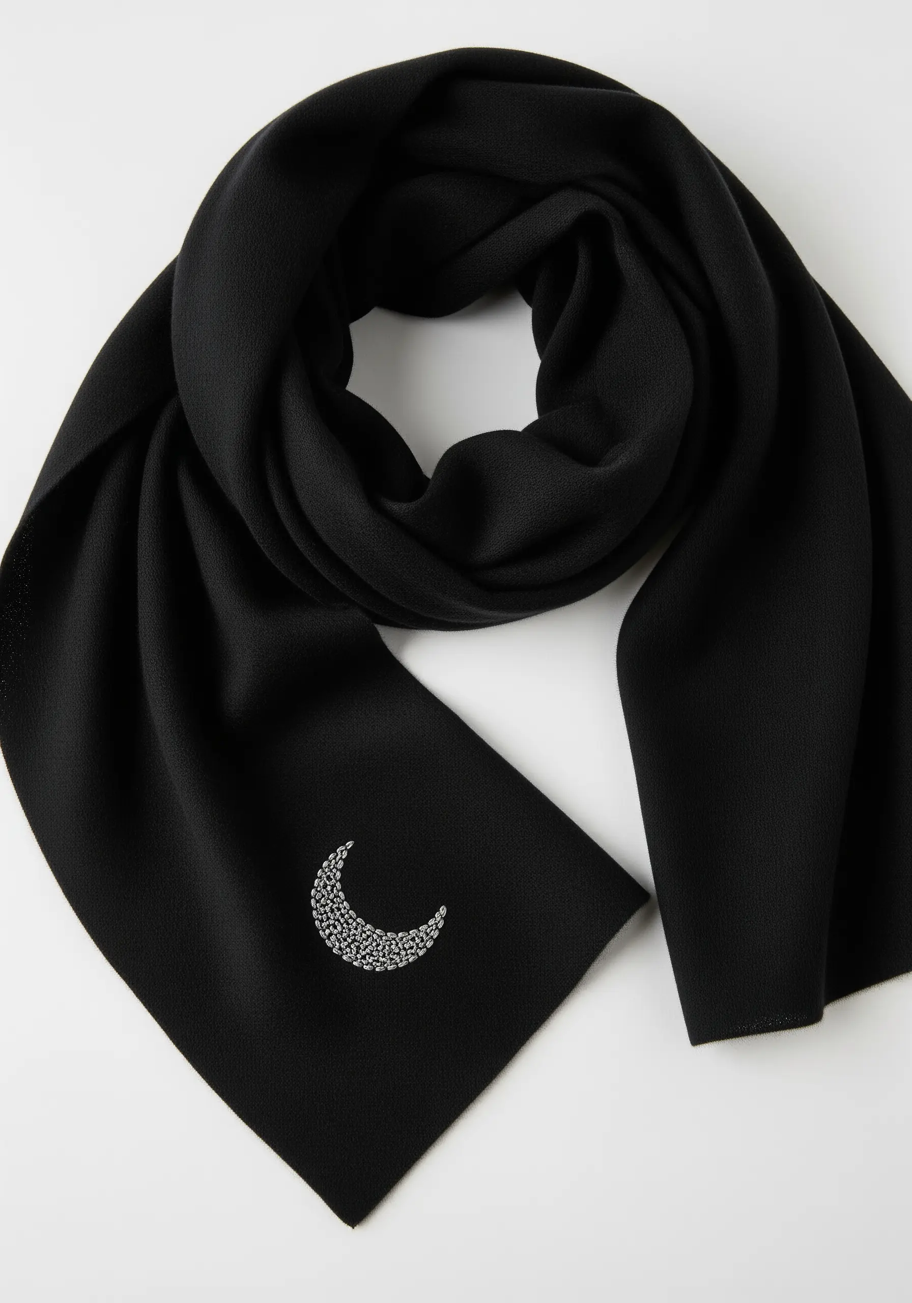 A crescent moon filled with silver French knots or beads on a black scarf.