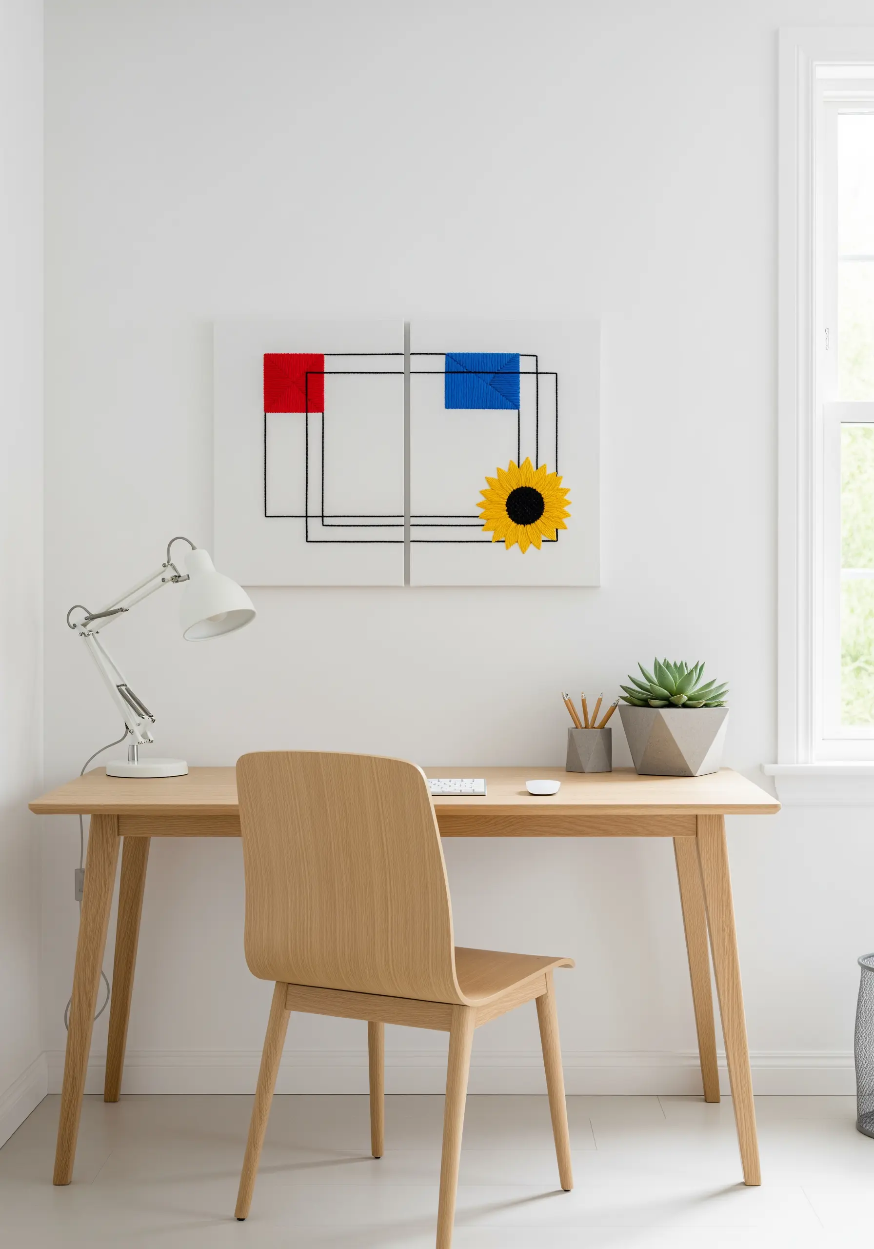 Mondrian-inspired abstract line art with a bold, textured sunflower embroidered in one corner.