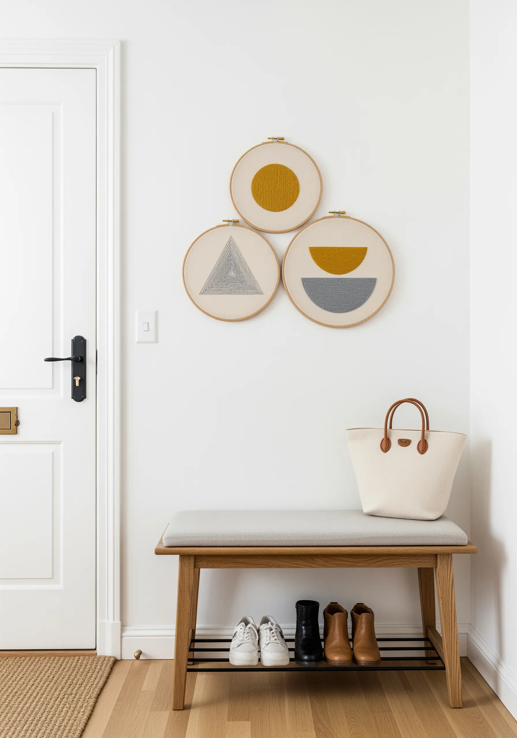 A trio of embroidery hoops with minimal geometric designs.