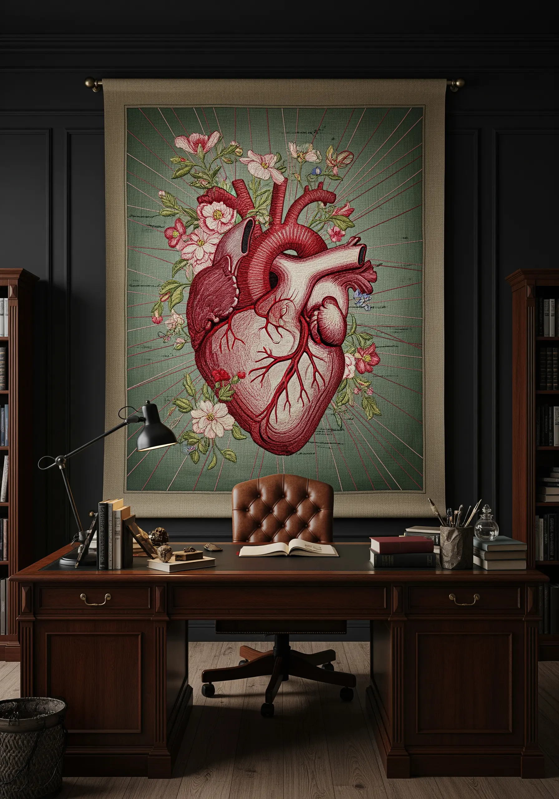 A vintage-style tapestry of an anatomical heart surrounded by embroidered pink and white flowers.