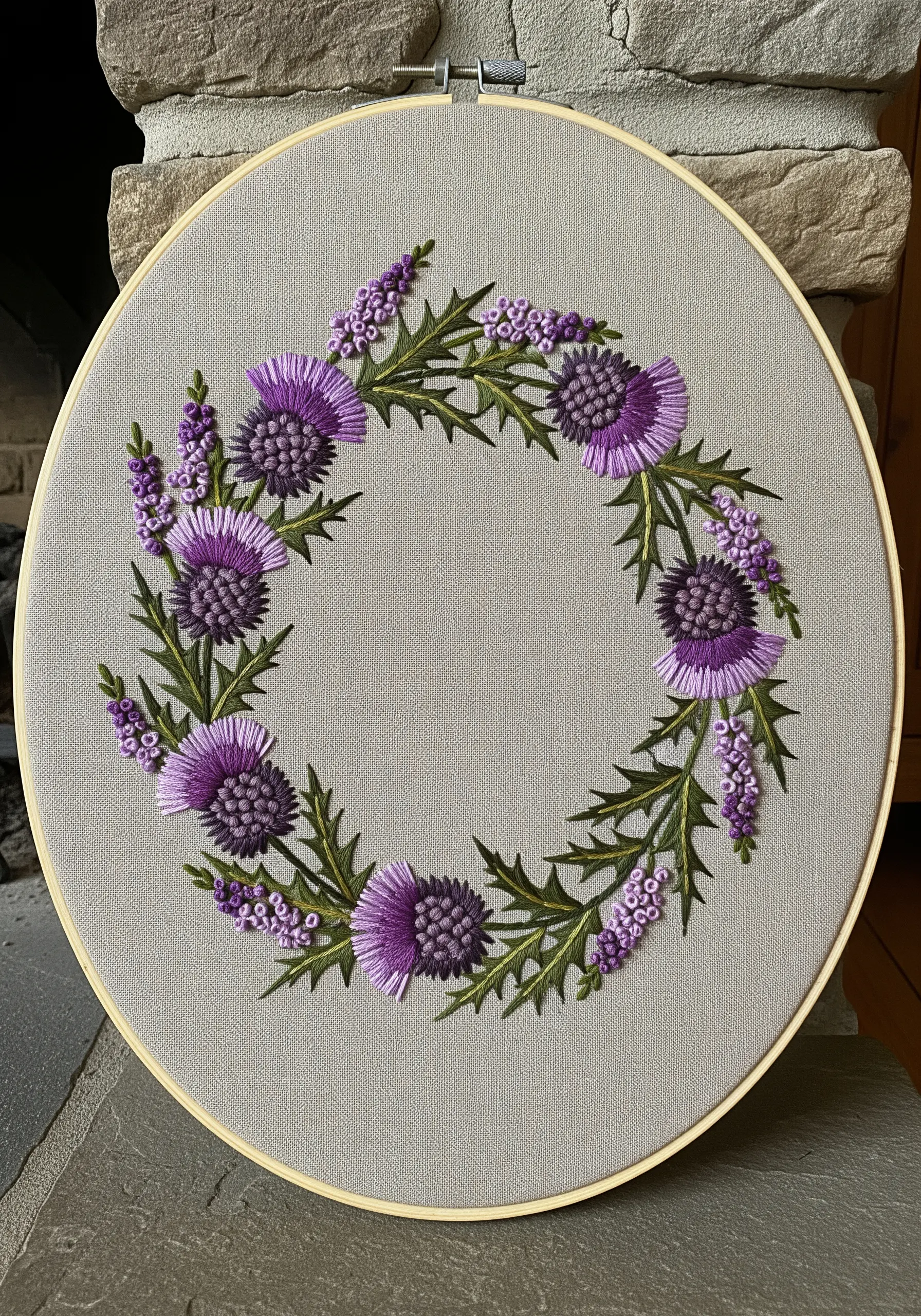 An embroidery wreath of purple Scottish thistles and lavender on grey fabric.