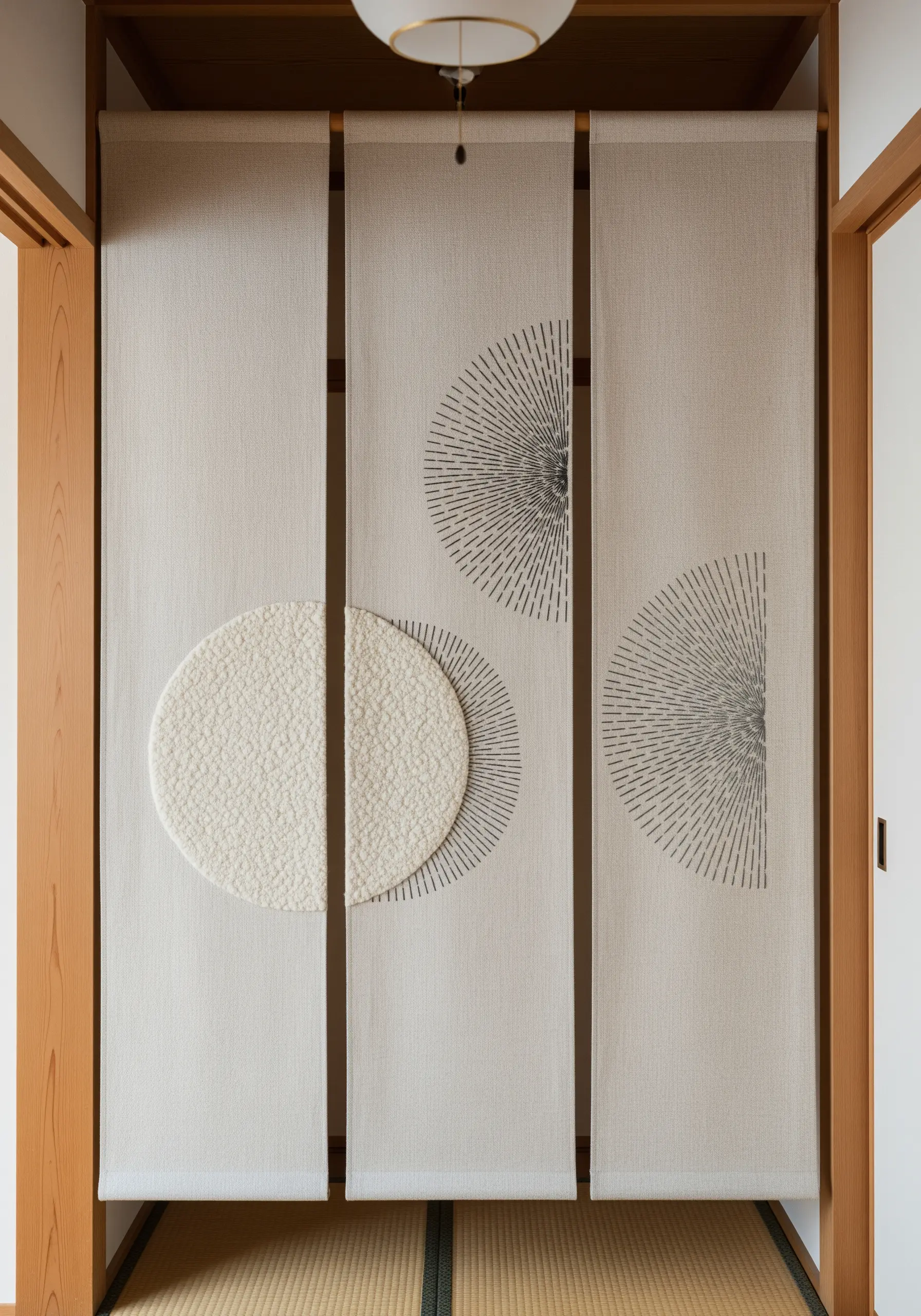 Minimalist fabric panels with radiating straight stitches and a raised, tufted circular element.