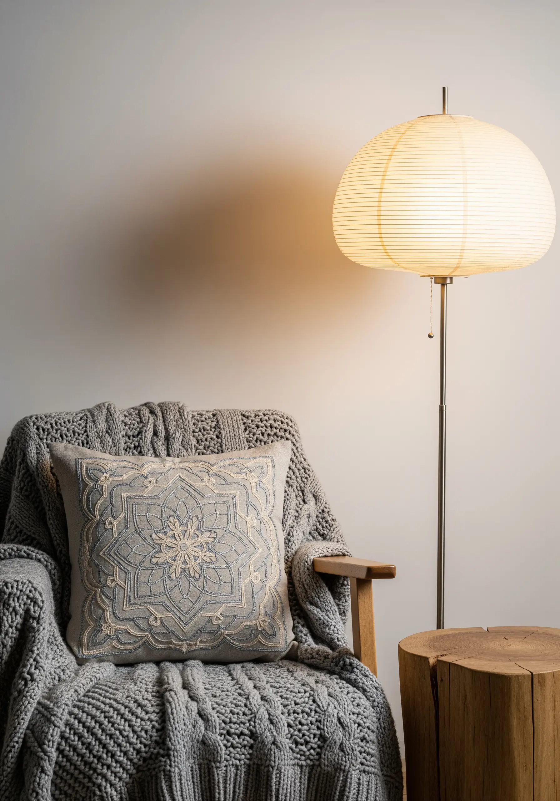 A square cushion with a grey and cream mandala, placed on a chunky grey knit throw.