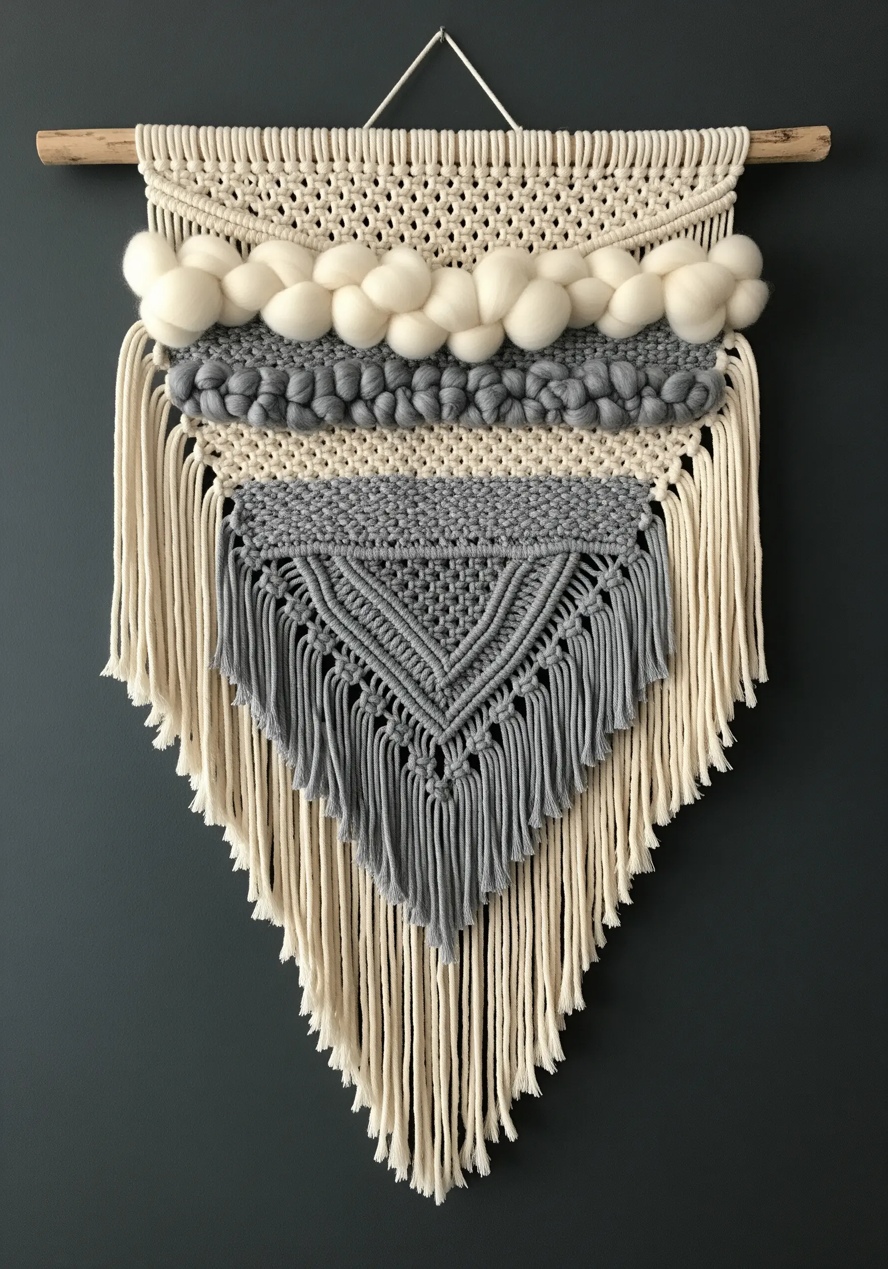 Macrame and weaving wall hanging in cream and gray, featuring chunky, braided wool roving.