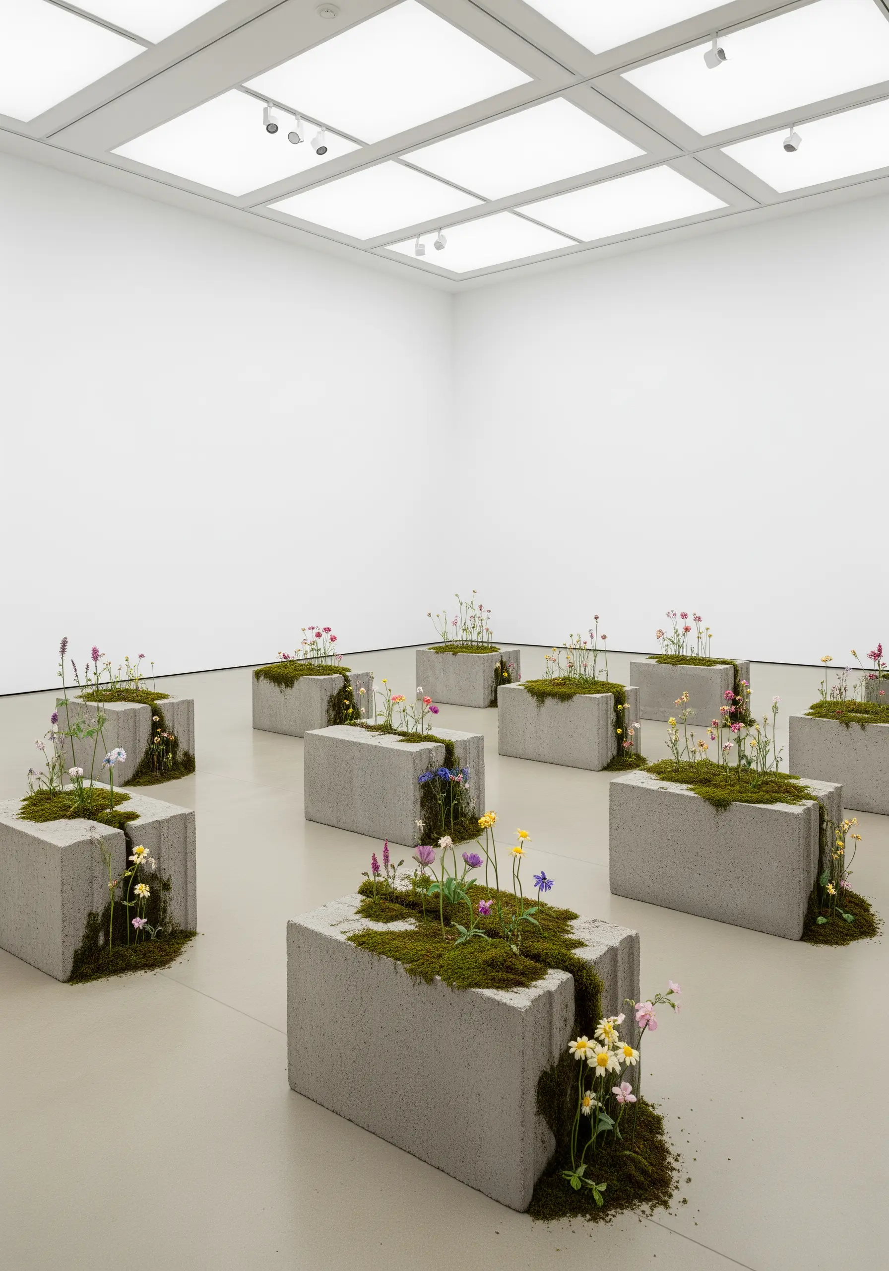 Concrete blocks with moss and colorful wildflowers growing out of the cracks.