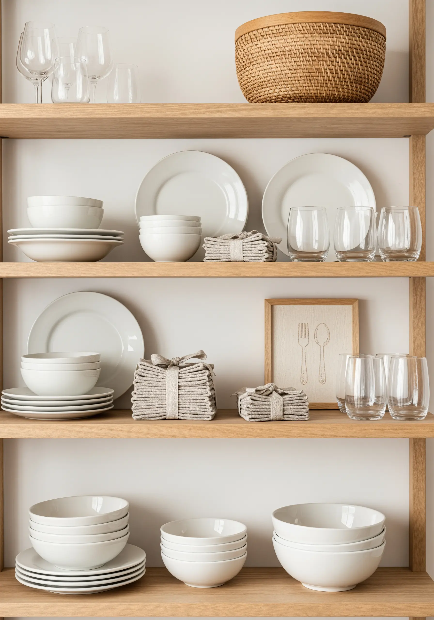 Small framed embroidery of a fork and spoon in simple ivory outline stitch on greige linen.