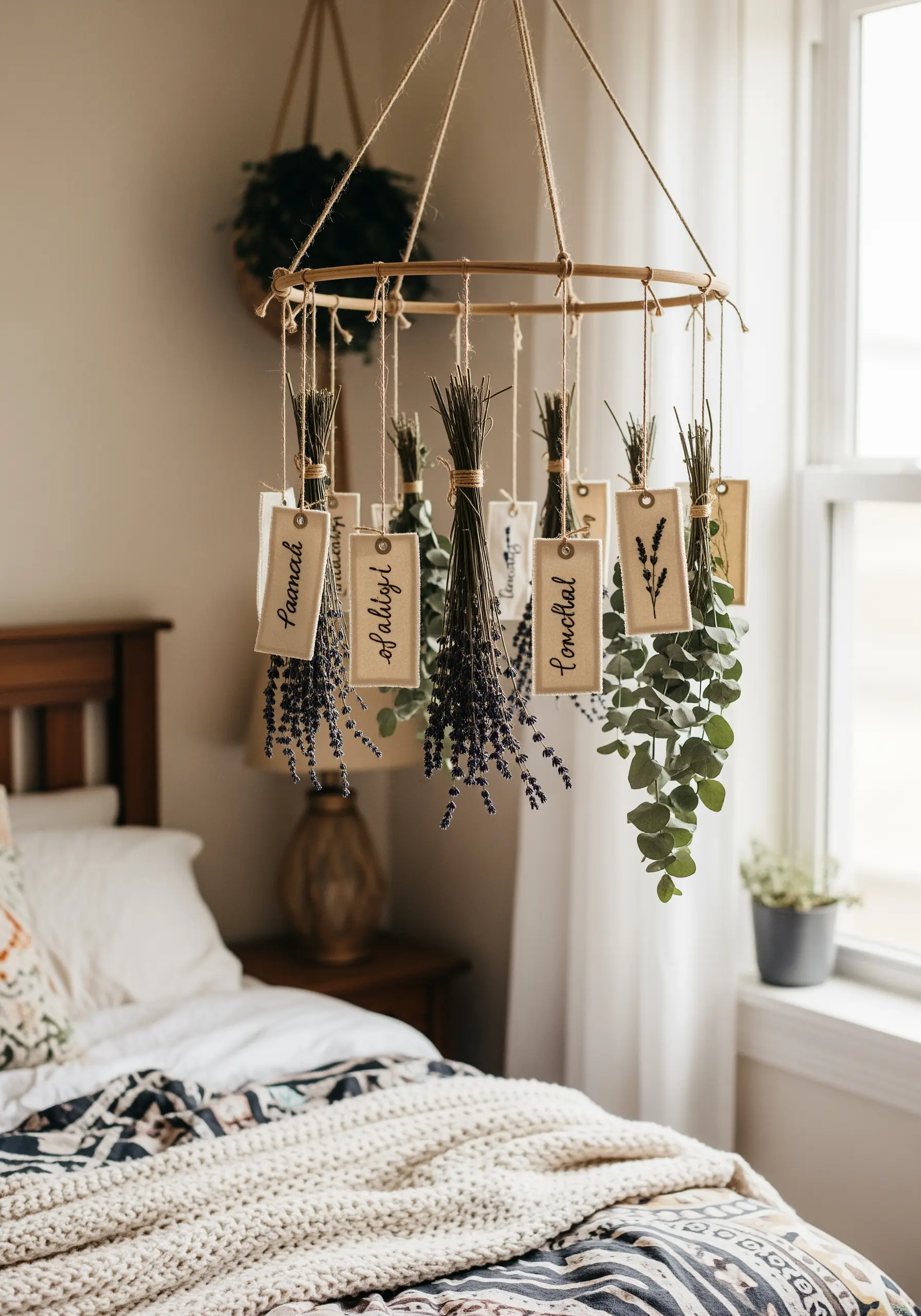 A hanging mobile made from a hoop, with bundles of dried herbs and embroidered tags.