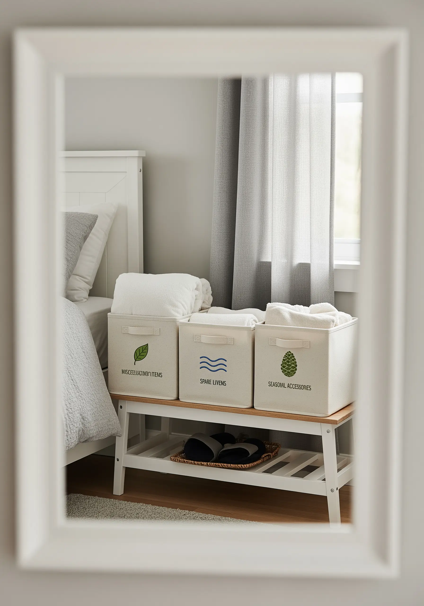 Three canvas storage bins labeled with simple embroidered motifs and text.