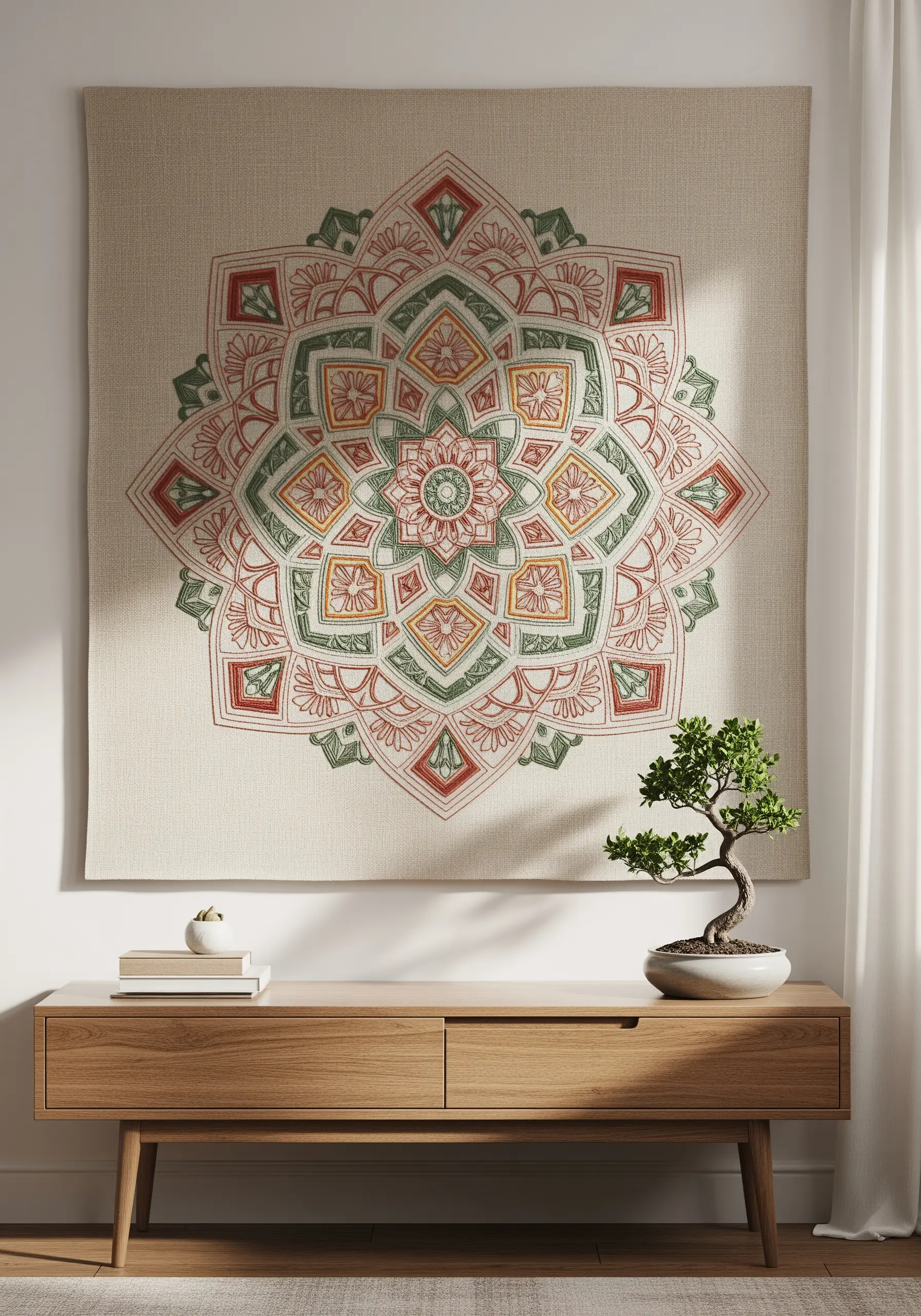 Large embroidered mandala tapestry with red, green, and yellow sketch-style stitches on a neutral wall.