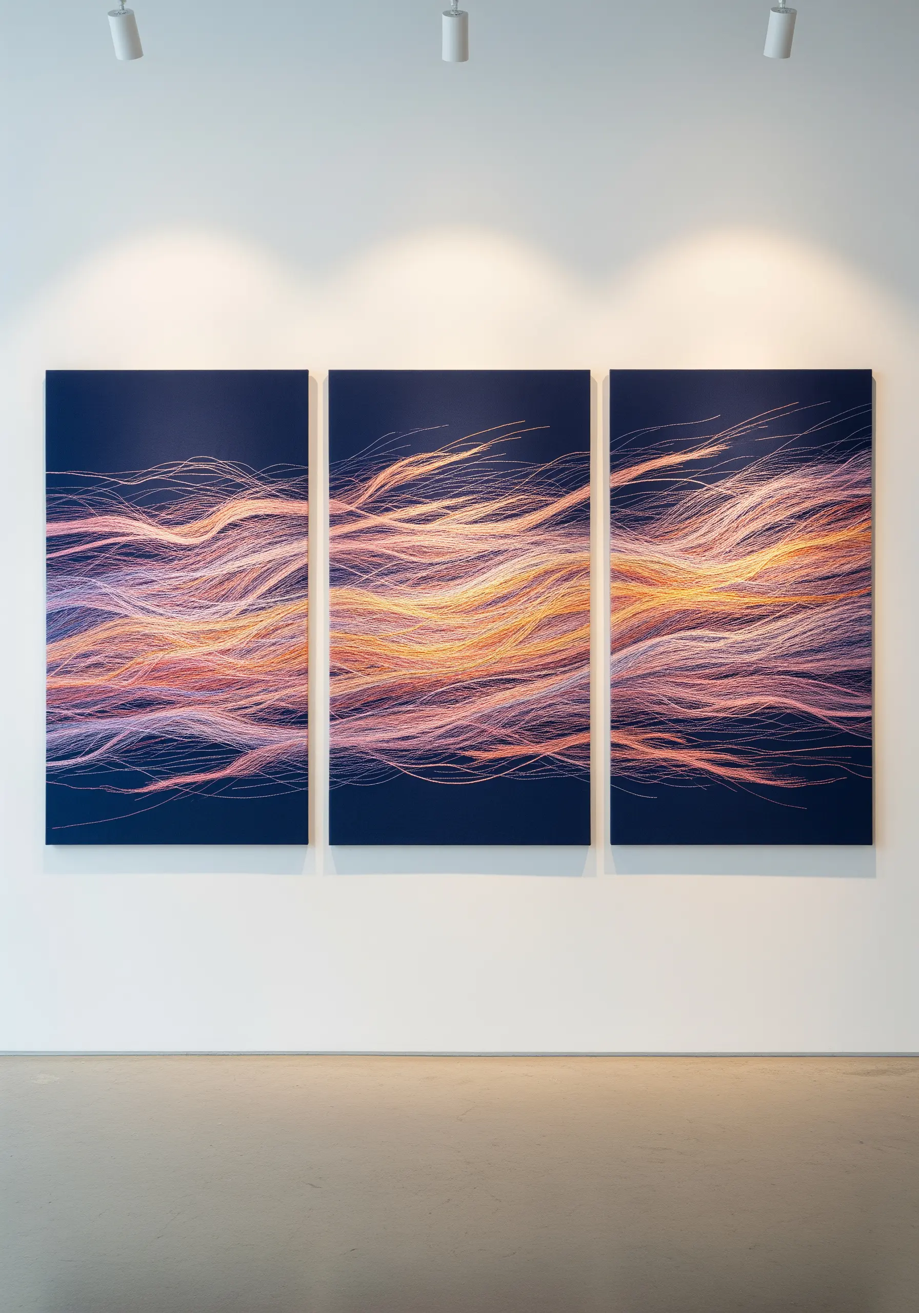 Large triptych wall art with thousands of layered threads creating an abstract flow.