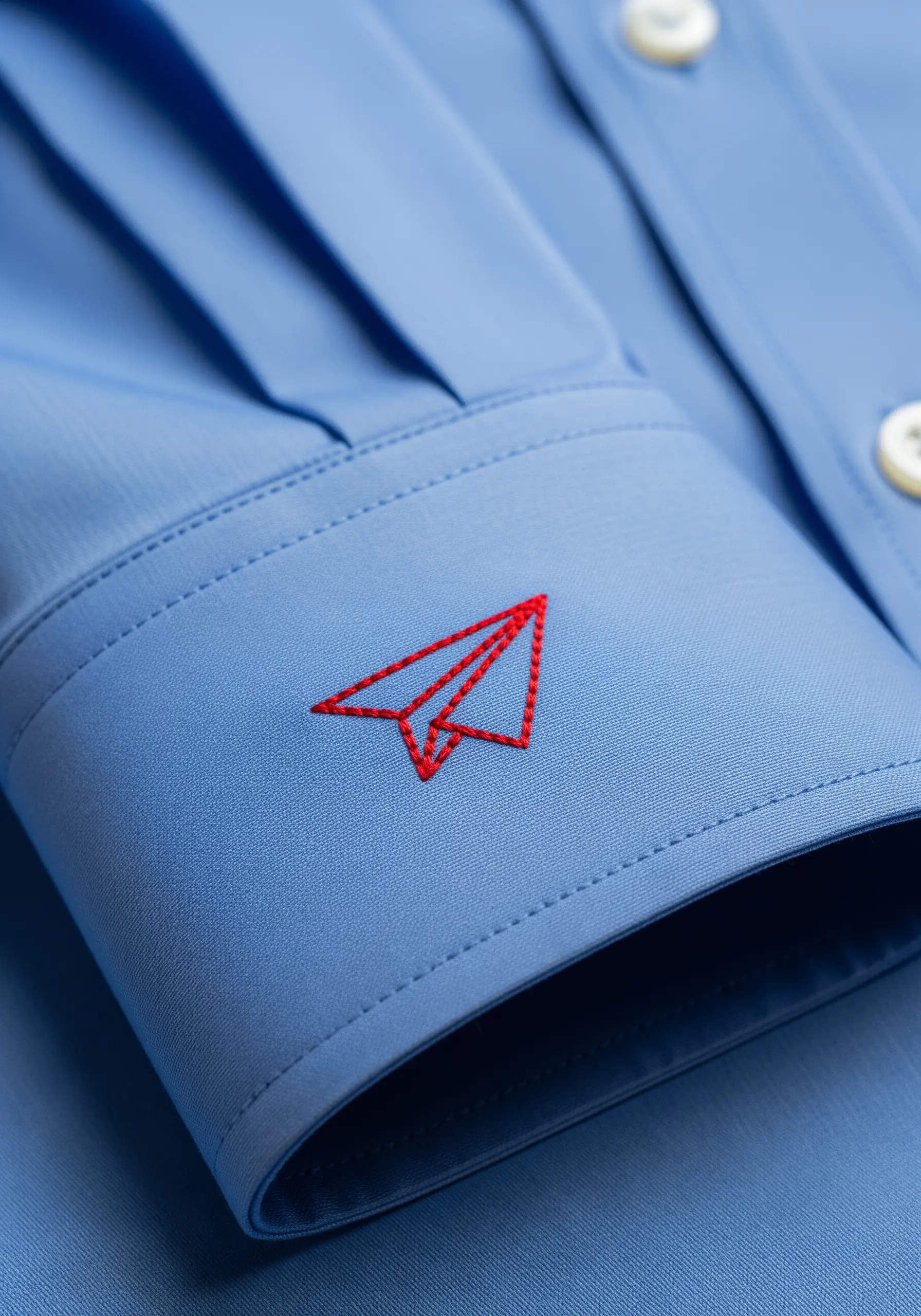A red outline of a paper airplane embroidered on the cuff of a light blue dress shirt.