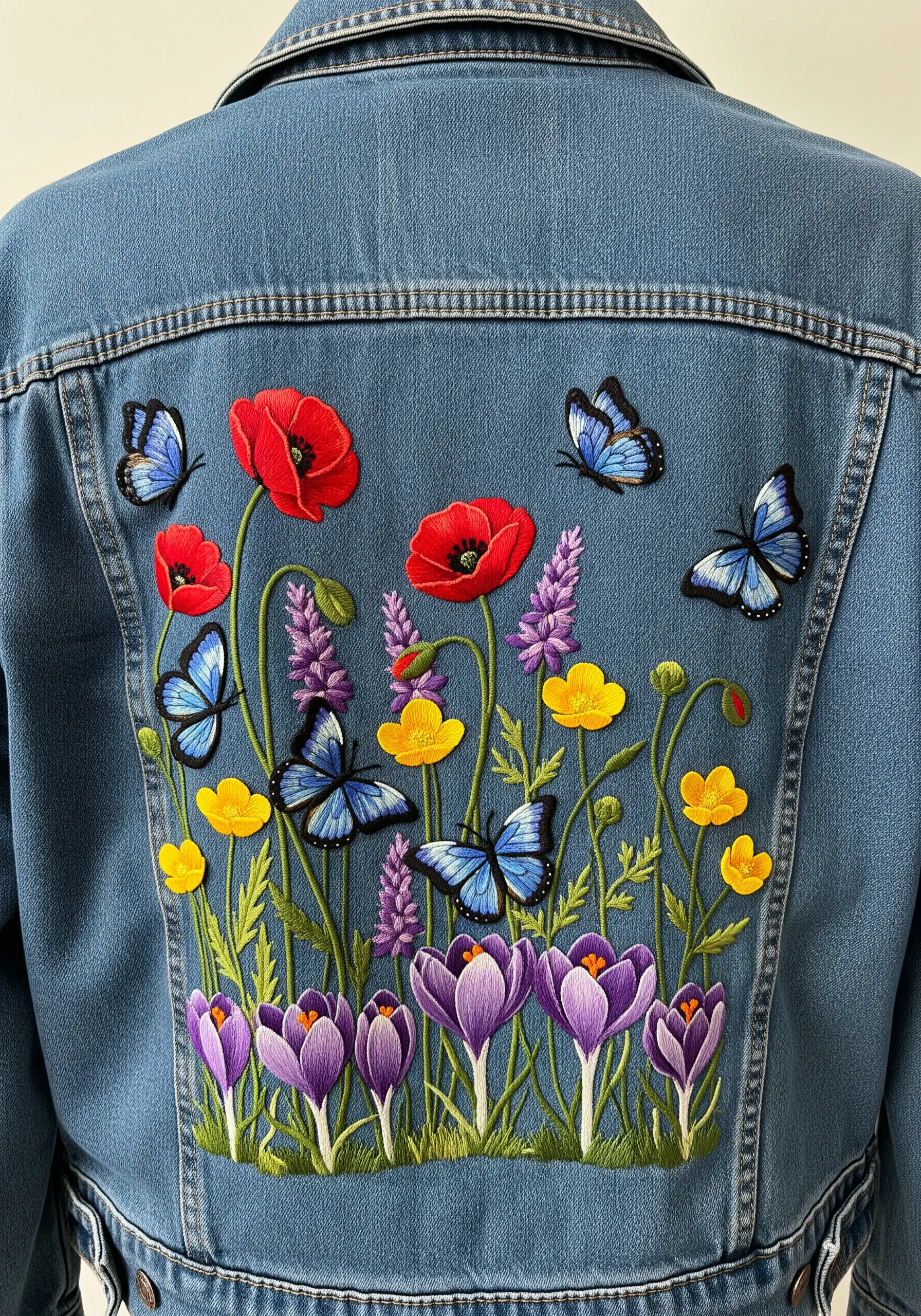 A vibrant wildflower meadow with butterflies embroidered on the back of a denim jacket.
