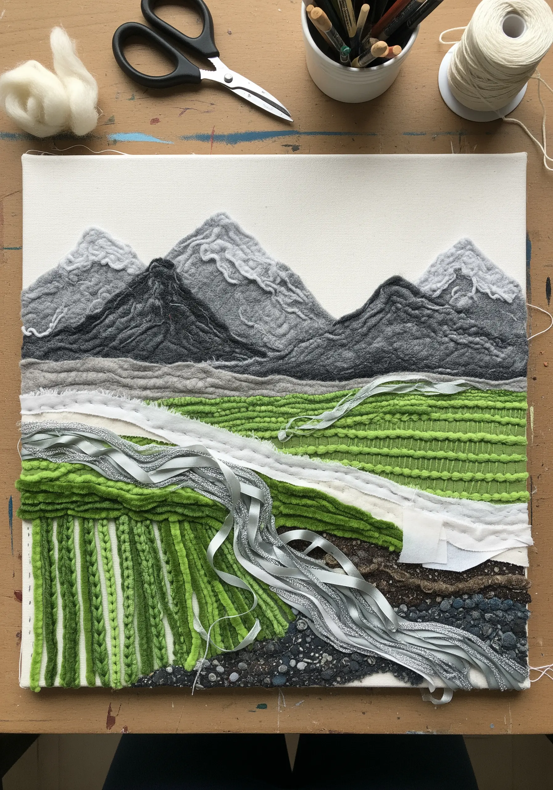 Mixed-media landscape on canvas using felted wool, braided yarn, and flowing ribbon.