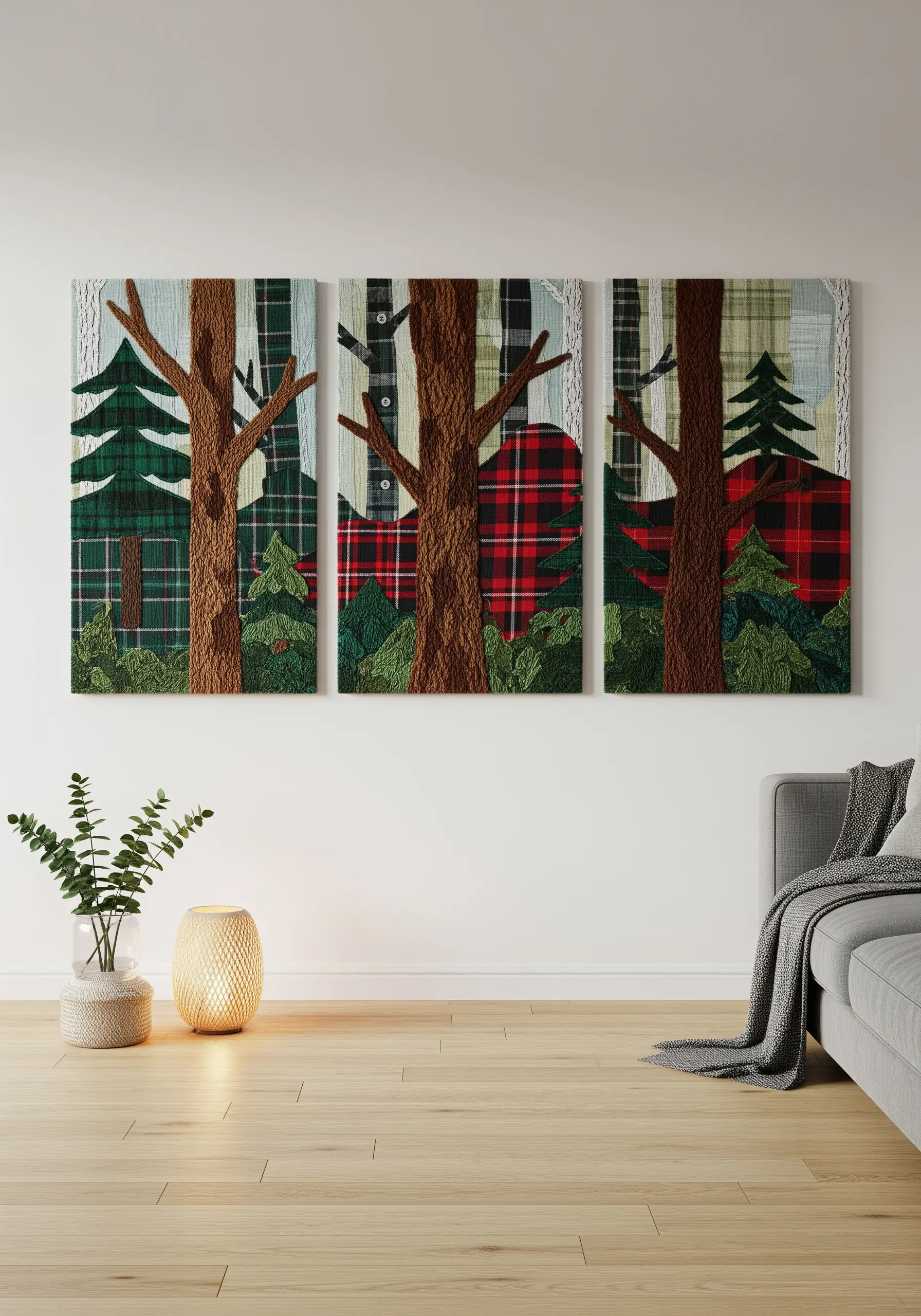 Triptych wall art of a forest made from plaid flannel and textured yarn.