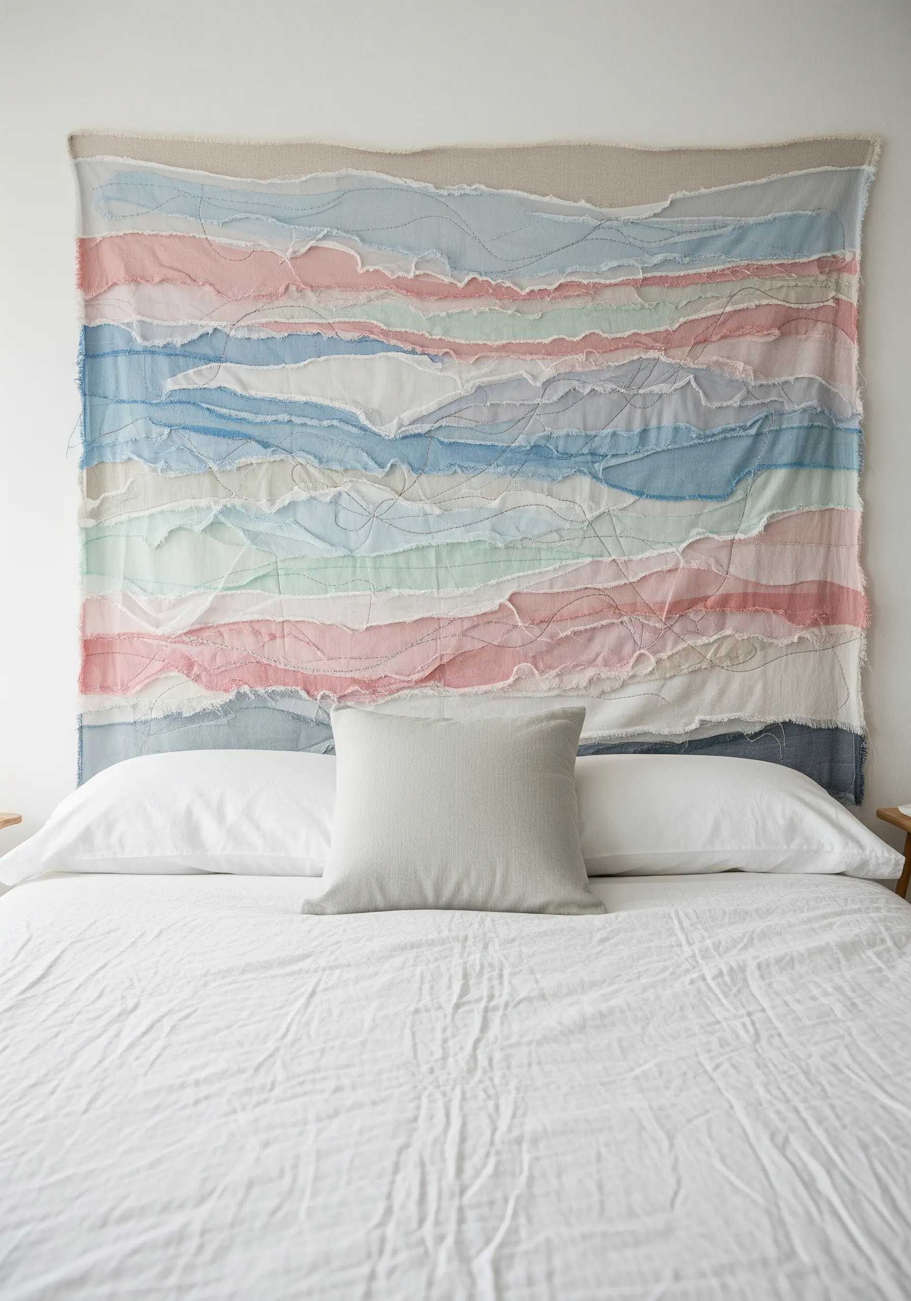 A large fabric collage headboard made of layered, torn pastel fabric strips with visible stitching.