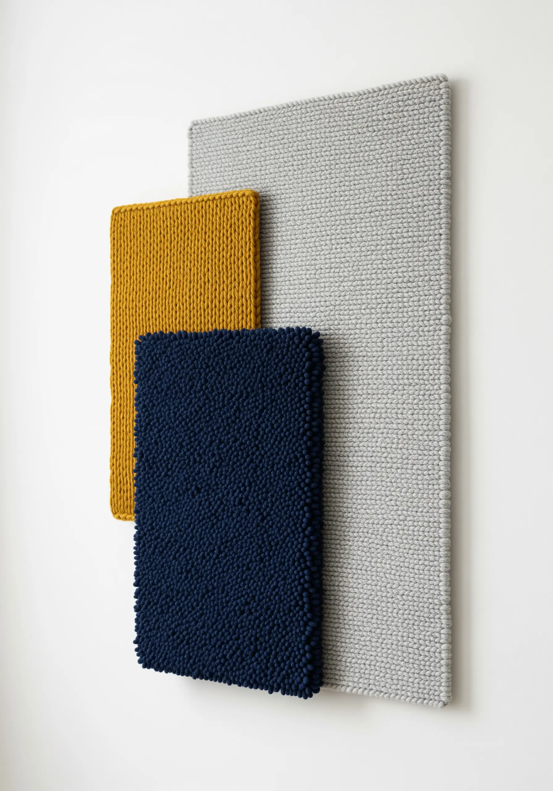 Three layered knit panels in grey, navy, and mustard with distinct textures.