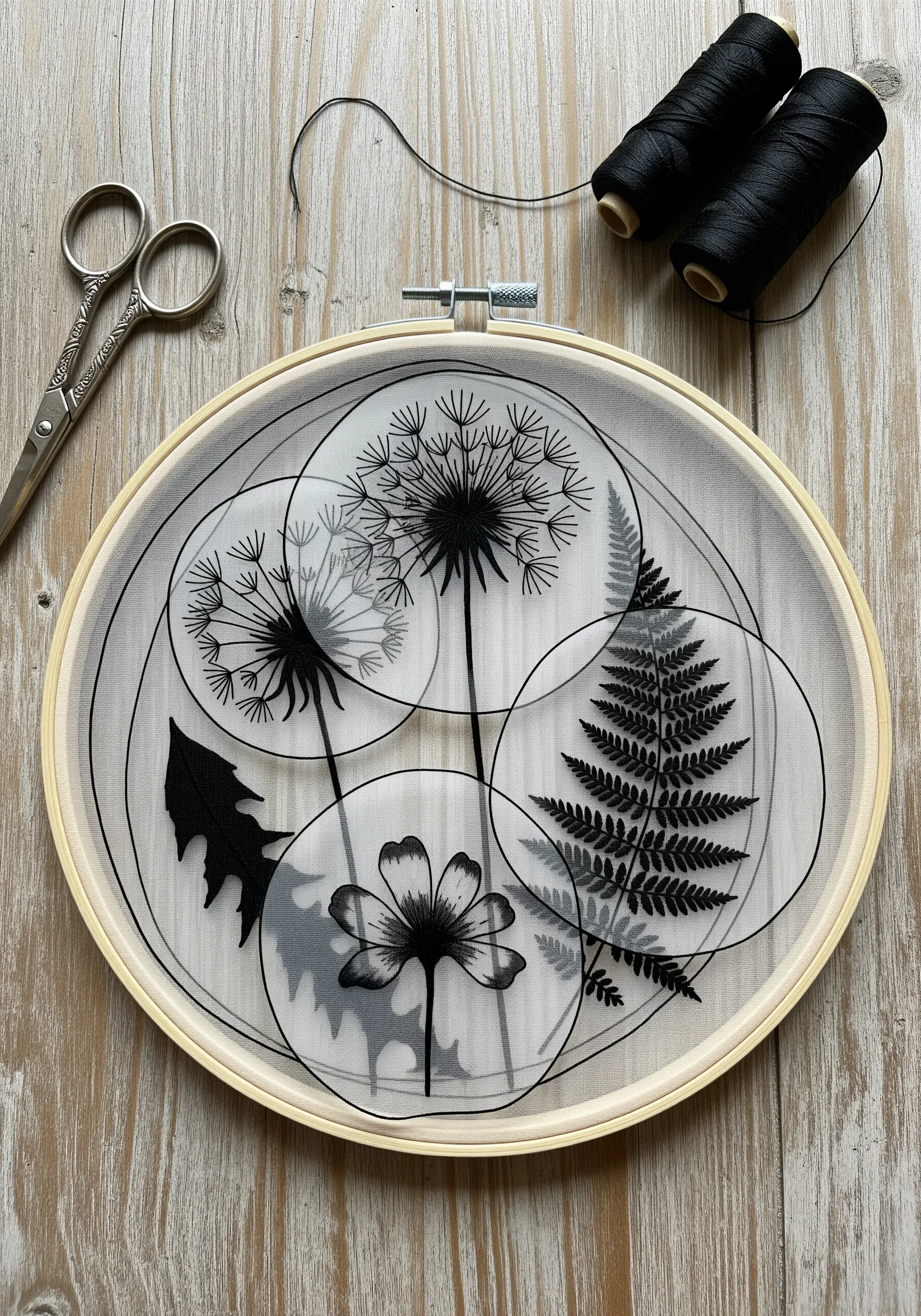 Black thread embroidery of dandelions and ferns layered on transparent tulle fabric in a hoop.