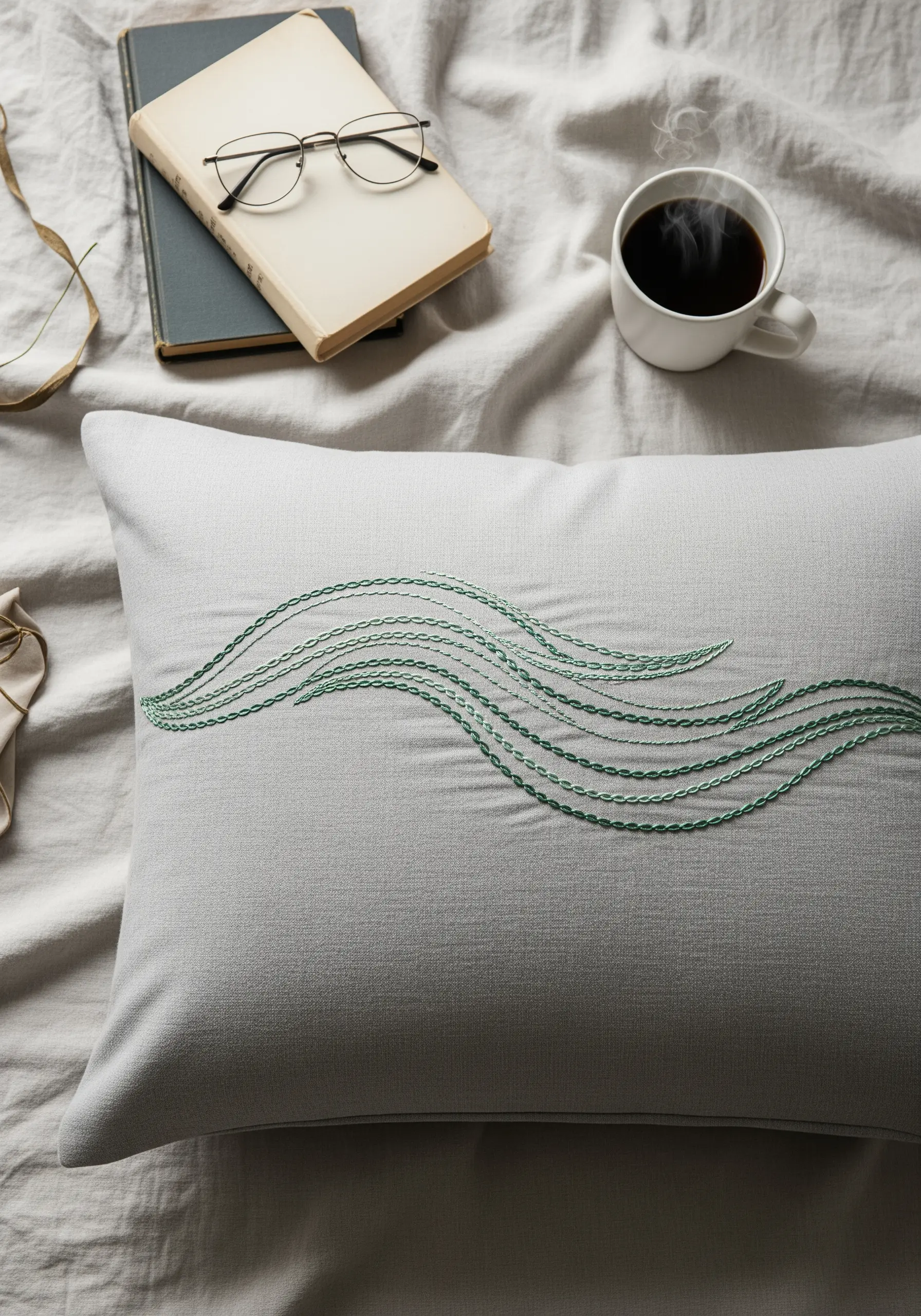 Flowing, parallel lines of green chain stitch create a wave-like pattern on a grey pillow.