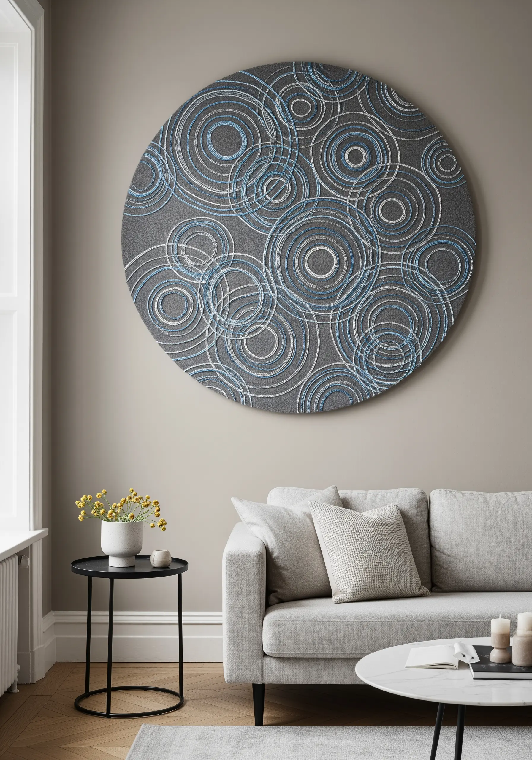 A large, round piece of art with overlapping circles in blue, white, and grey.