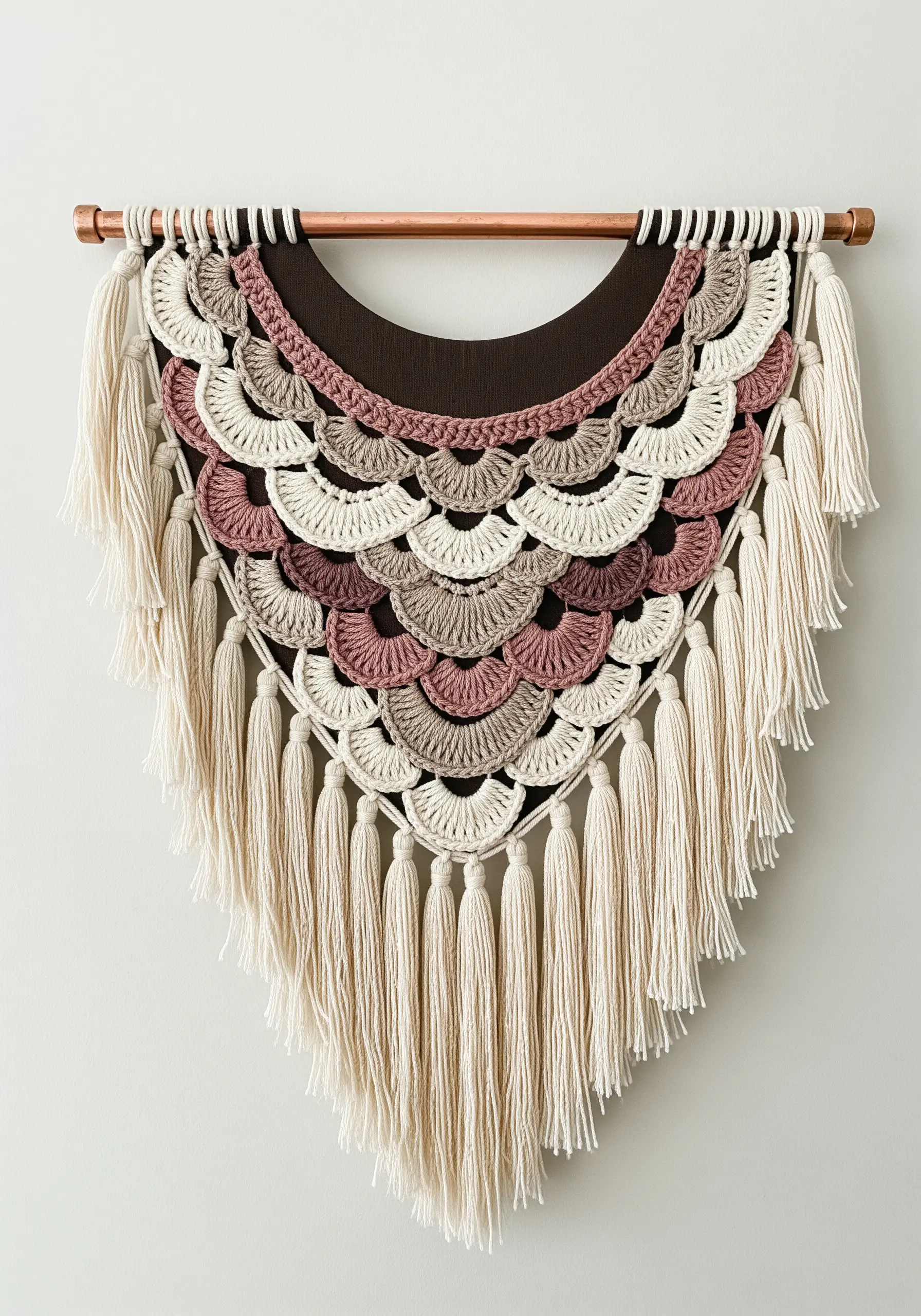 A layered wall hanging combining crochet and fabric in dusty pink, brown, and cream tones.