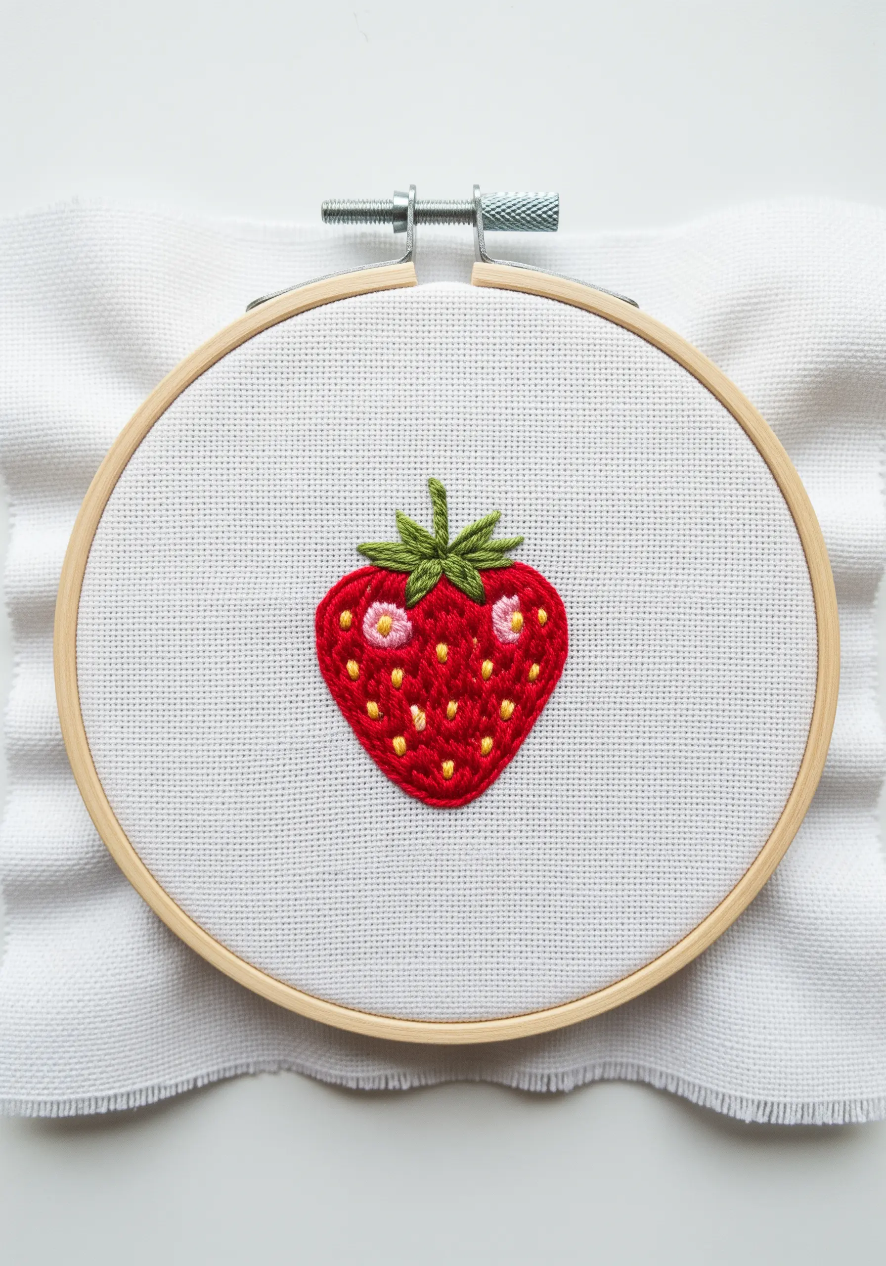 A vibrant red embroidered strawberry with yellow French knot seeds and green leaves.