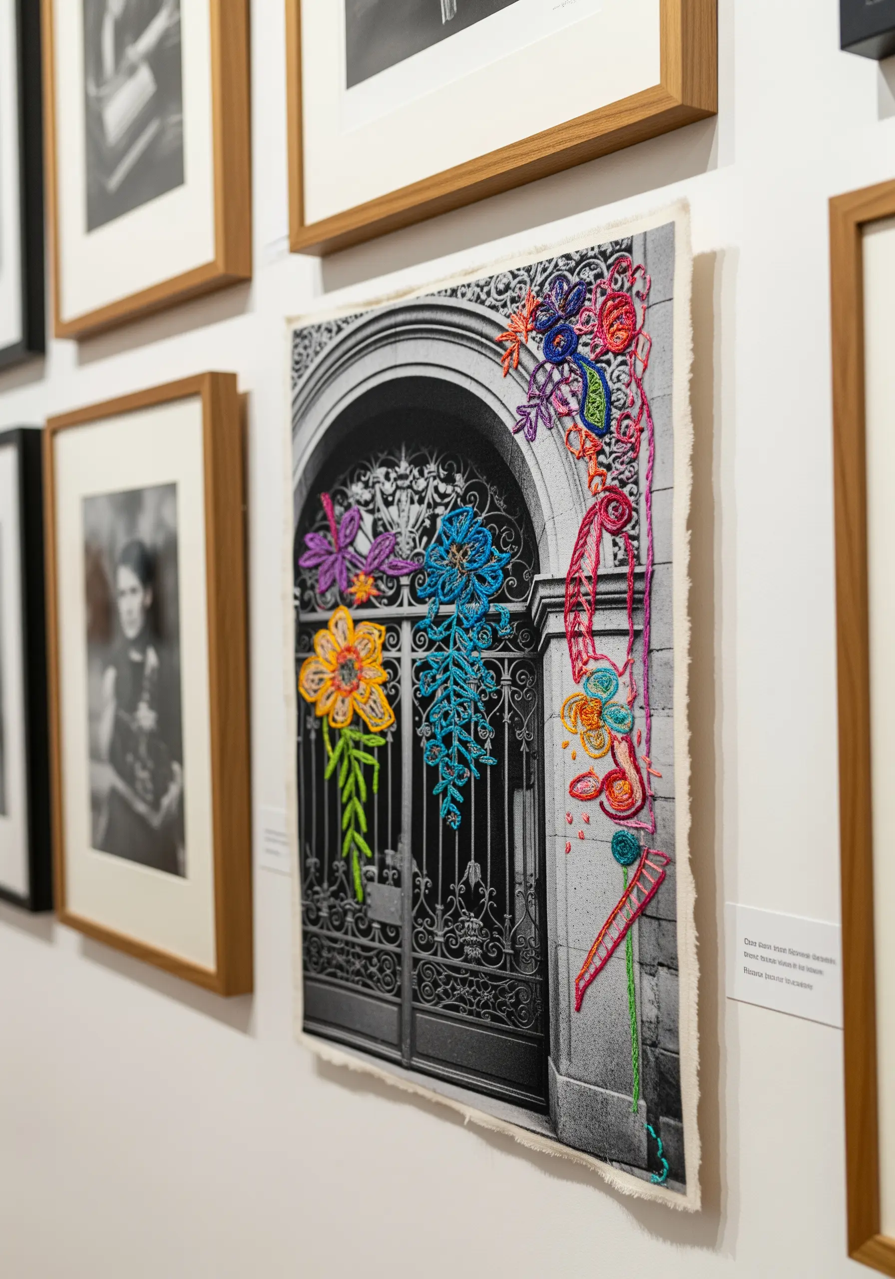 A black-and-white photograph of an arched gateway with colorful, abstract floral embroidery stitched over it.