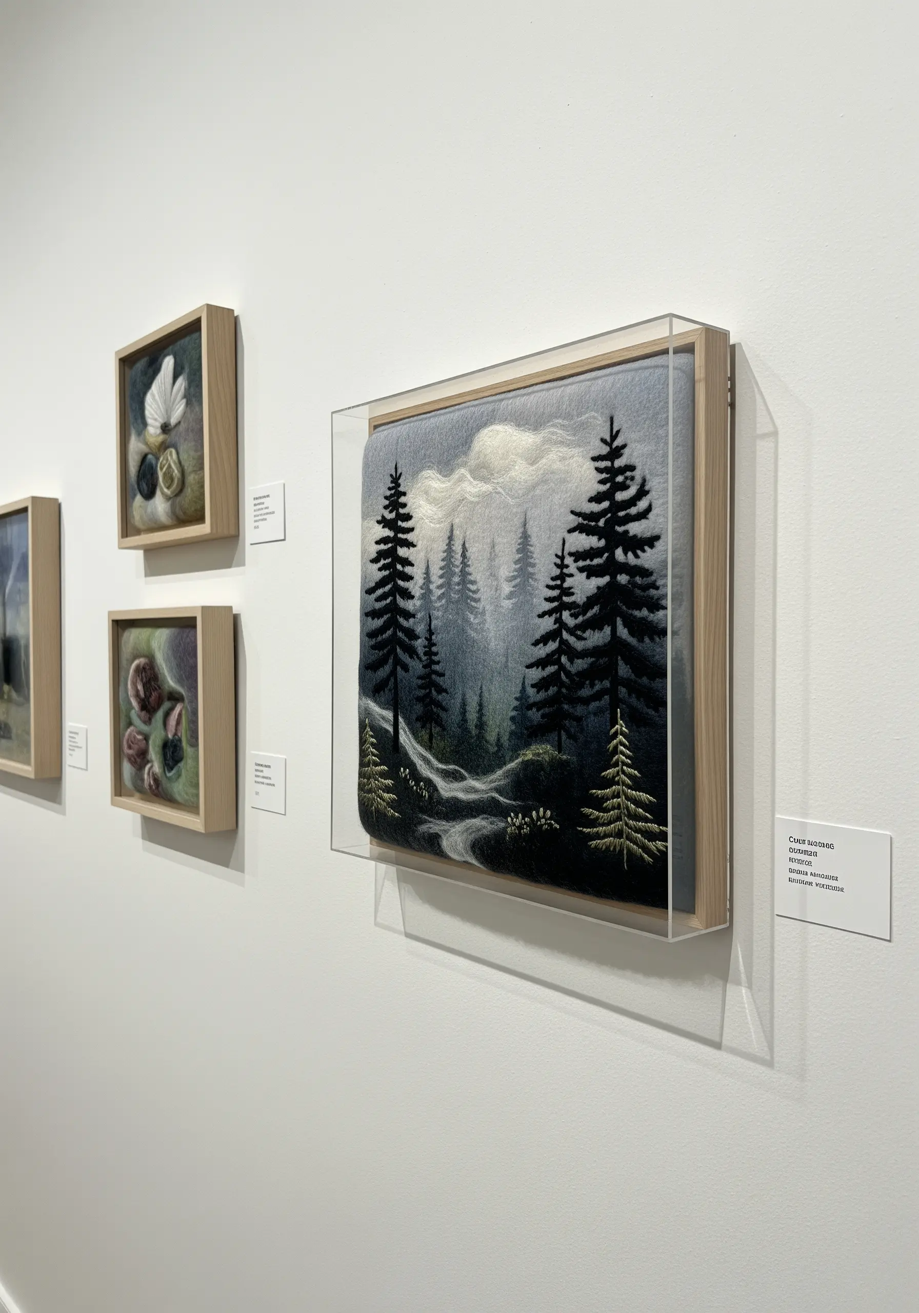 A layered embroidery and felt art piece of a misty forest in a shadow box frame.