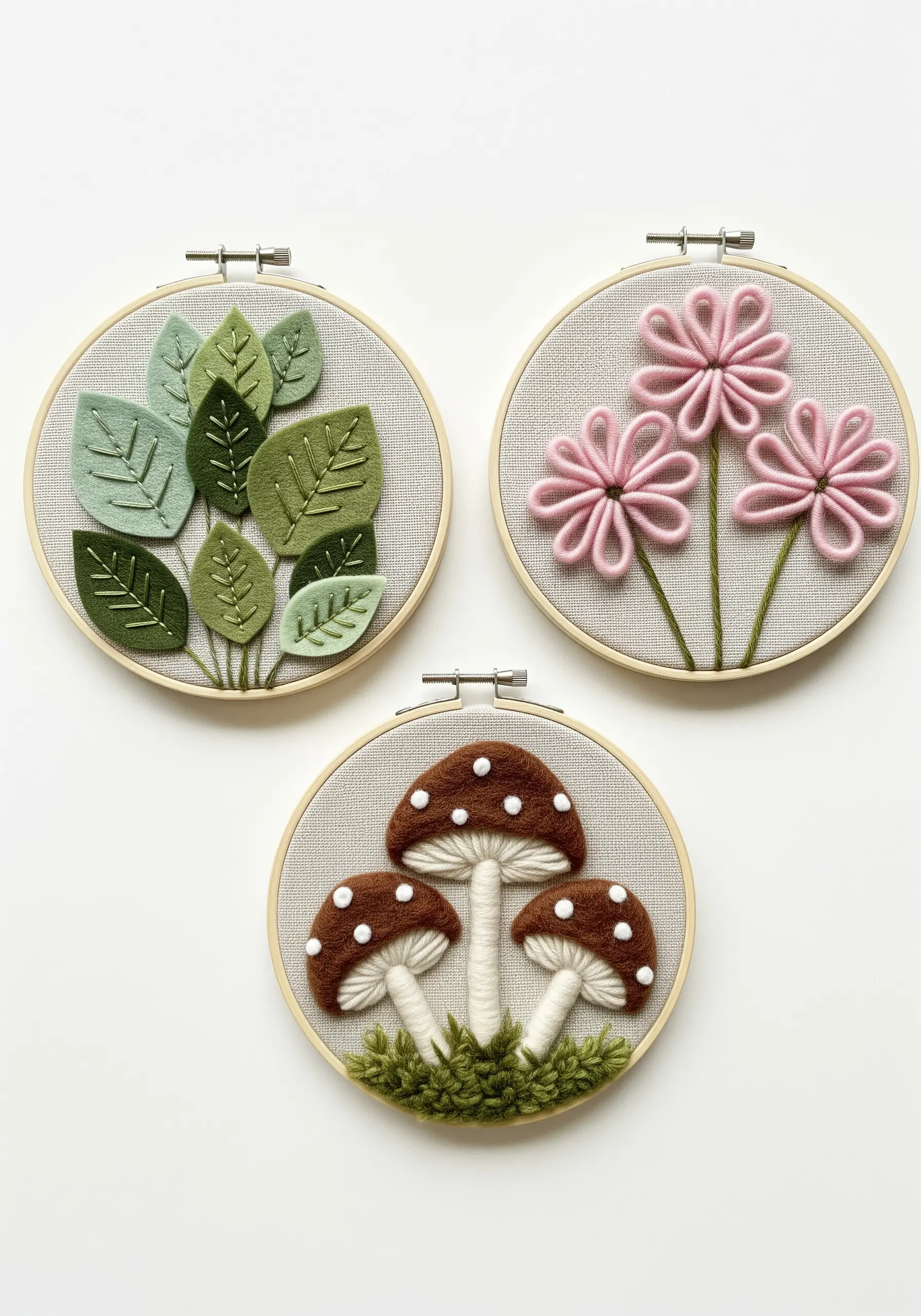 Three embroidery hoops with layered felt appliqué leaves, flowers, and mushrooms.
